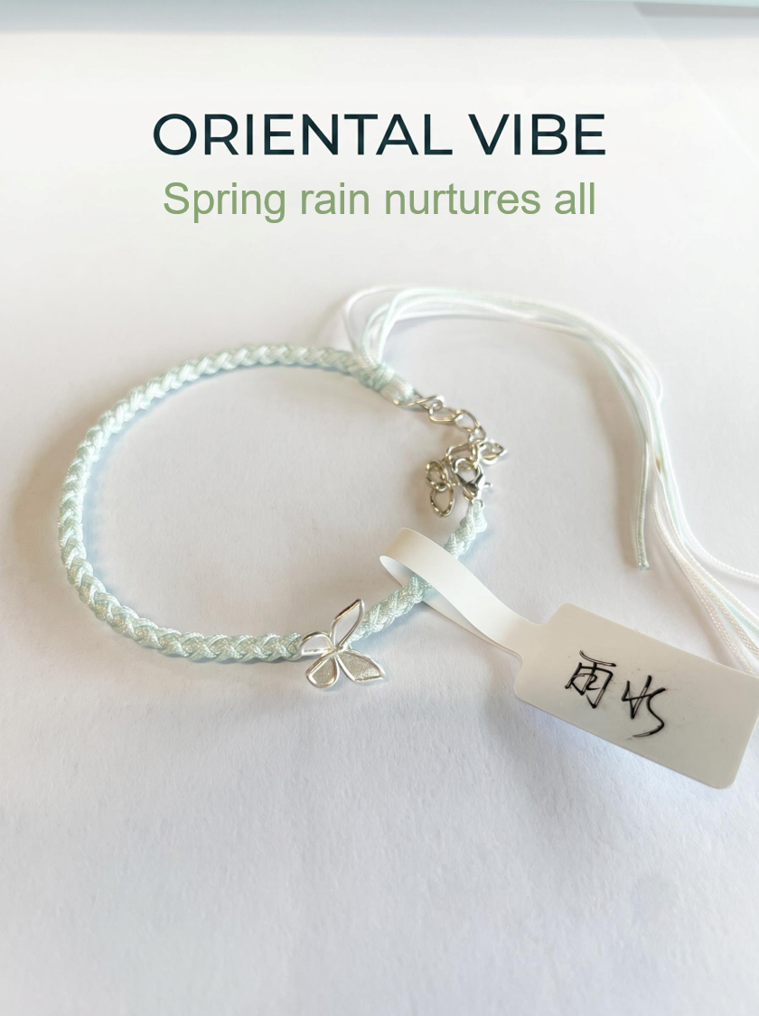 ORIENTAL VIBE | Rain Water "Spring Rain Nurtures All" Pale blueHand-Woven Dragon Scale Bracelet with Silver Butterfly Charm
