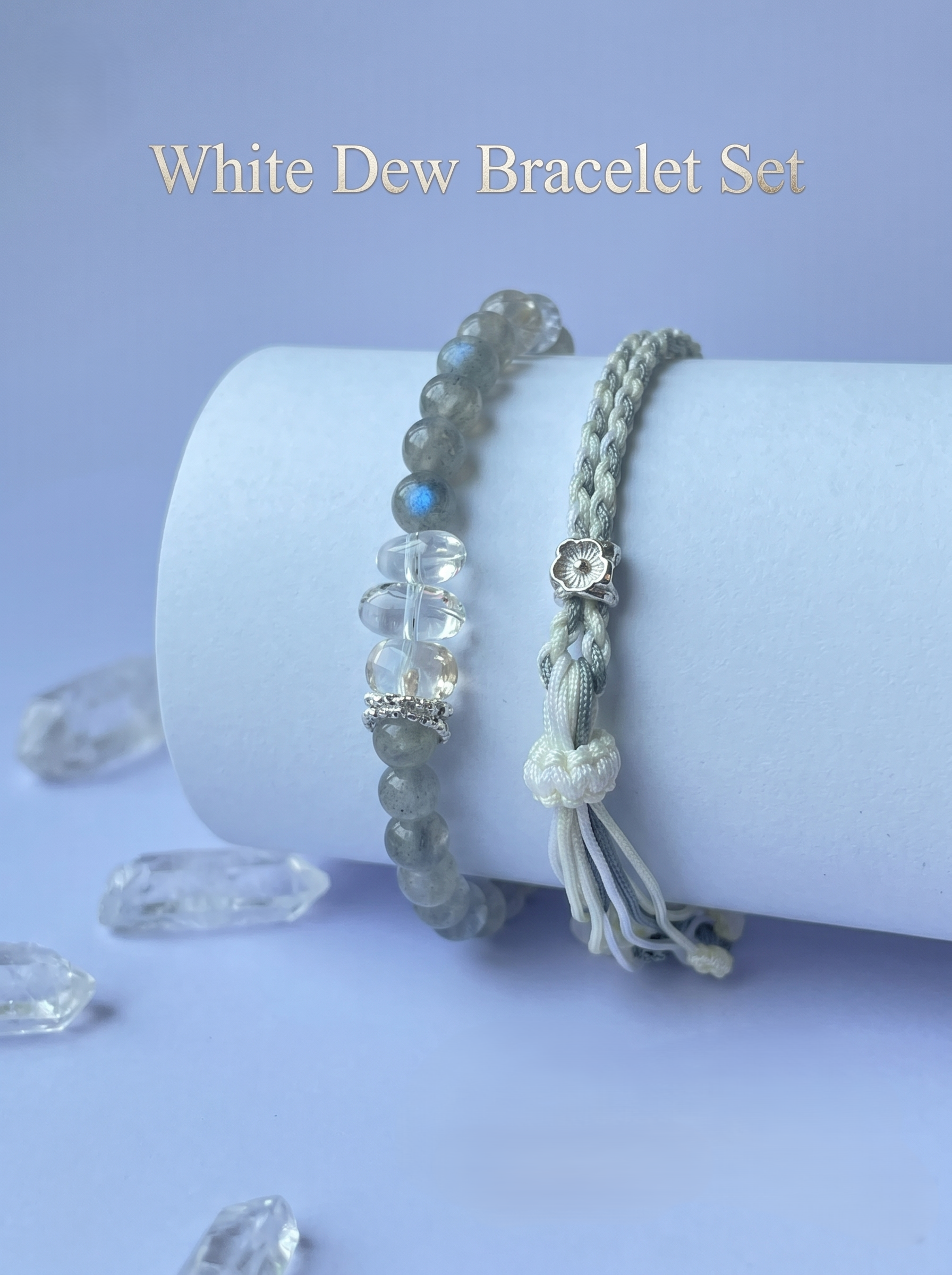 ORIENTAL VIBE | White Dew Handcrafted Dragon Scale Bracelet Inlaid with 3D Micro-Carved Silver Floral Motif, Finished with Four Silk Tassel Dewdrops, Adjustable