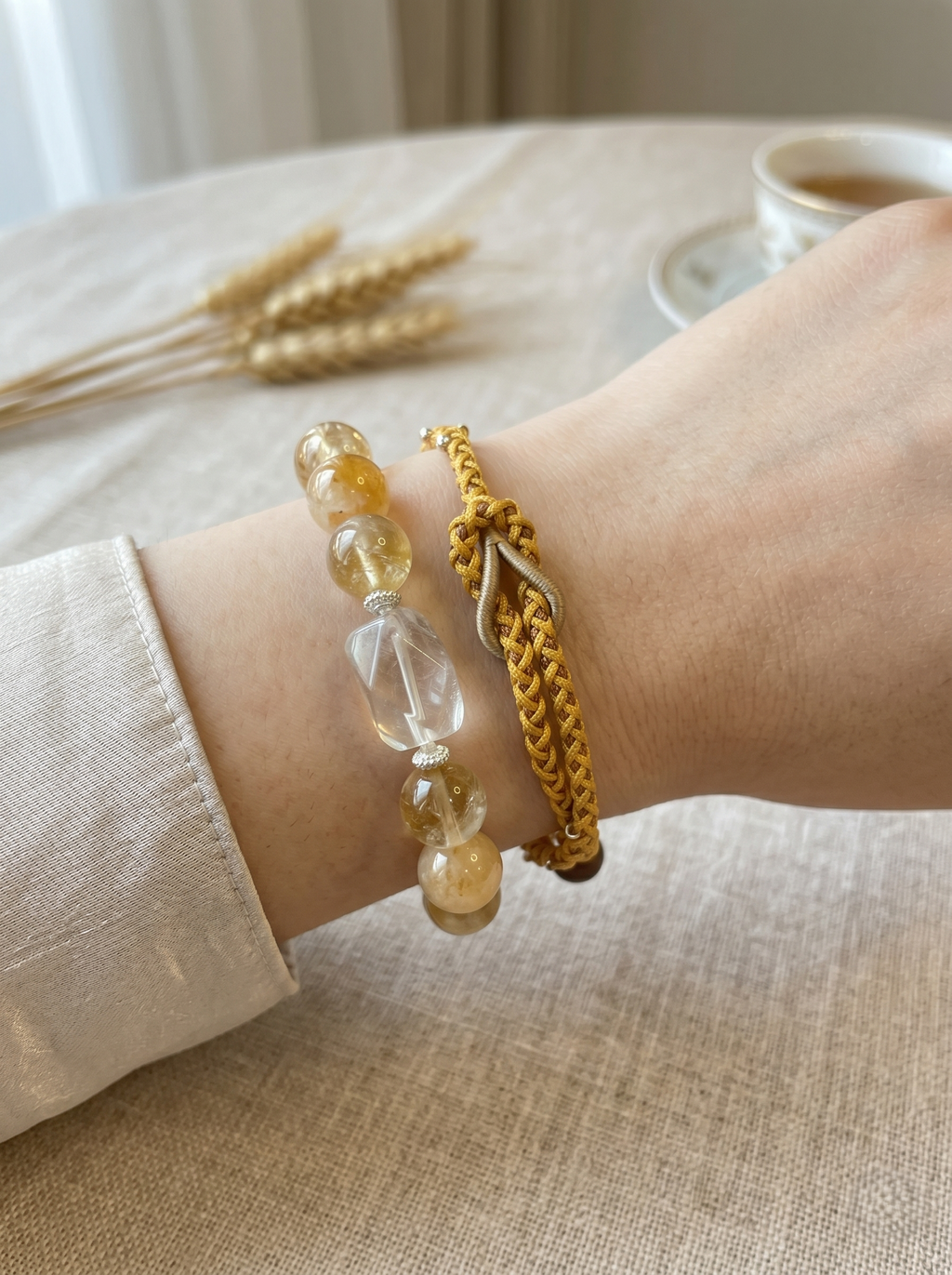 ORIENTAL VIBE | Grain Buds"Lesser Fullness" Handcrafted Dragon Scale Bracelet Embedded with Delicate Gold & Silver Beads, Amber-Textured Bead Accent, Adjustable