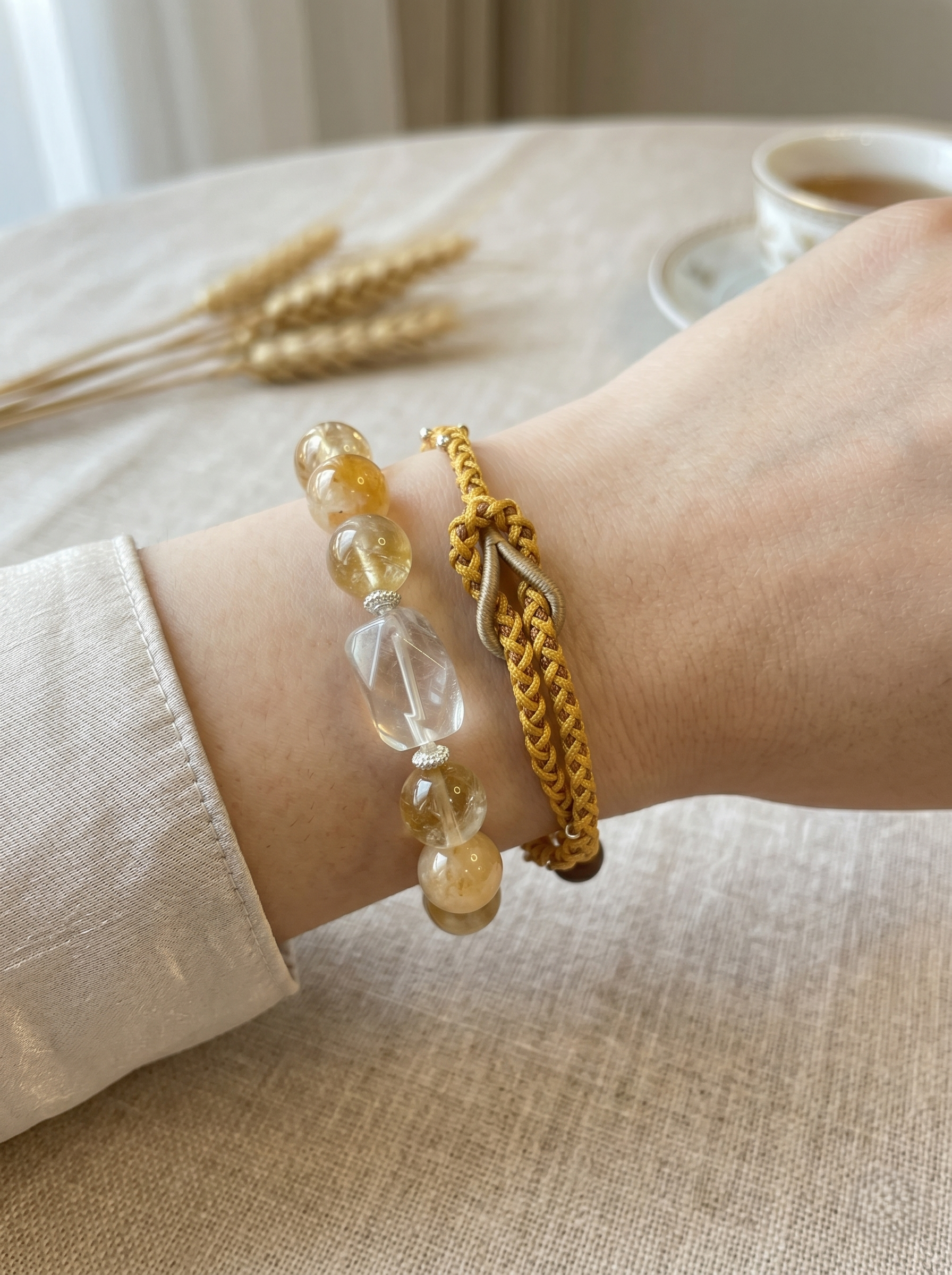 ORIENTAL VIBE | Grain Buds"Lesser Fullness" Handcrafted Dragon Scale Bracelet Embedded with Delicate Gold & Silver Beads, Amber-Textured Bead Accent, Adjustable