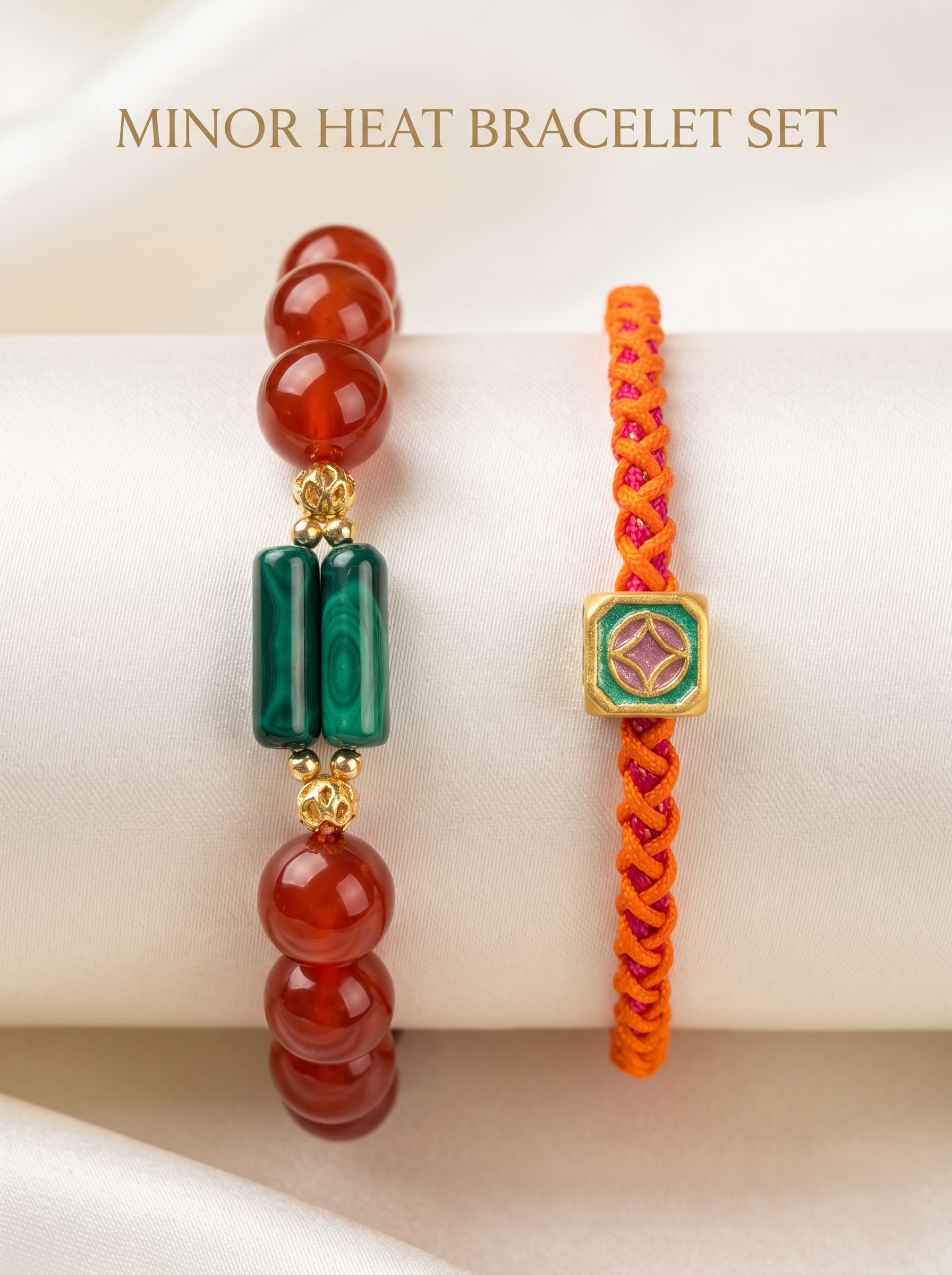ORIENTAL VIBE | Slight Heat Handcrafted Dragon Scale Bracelet Inlaid with Hexahedron Ornament, Translucent Amber Tail Beads, Adjustable