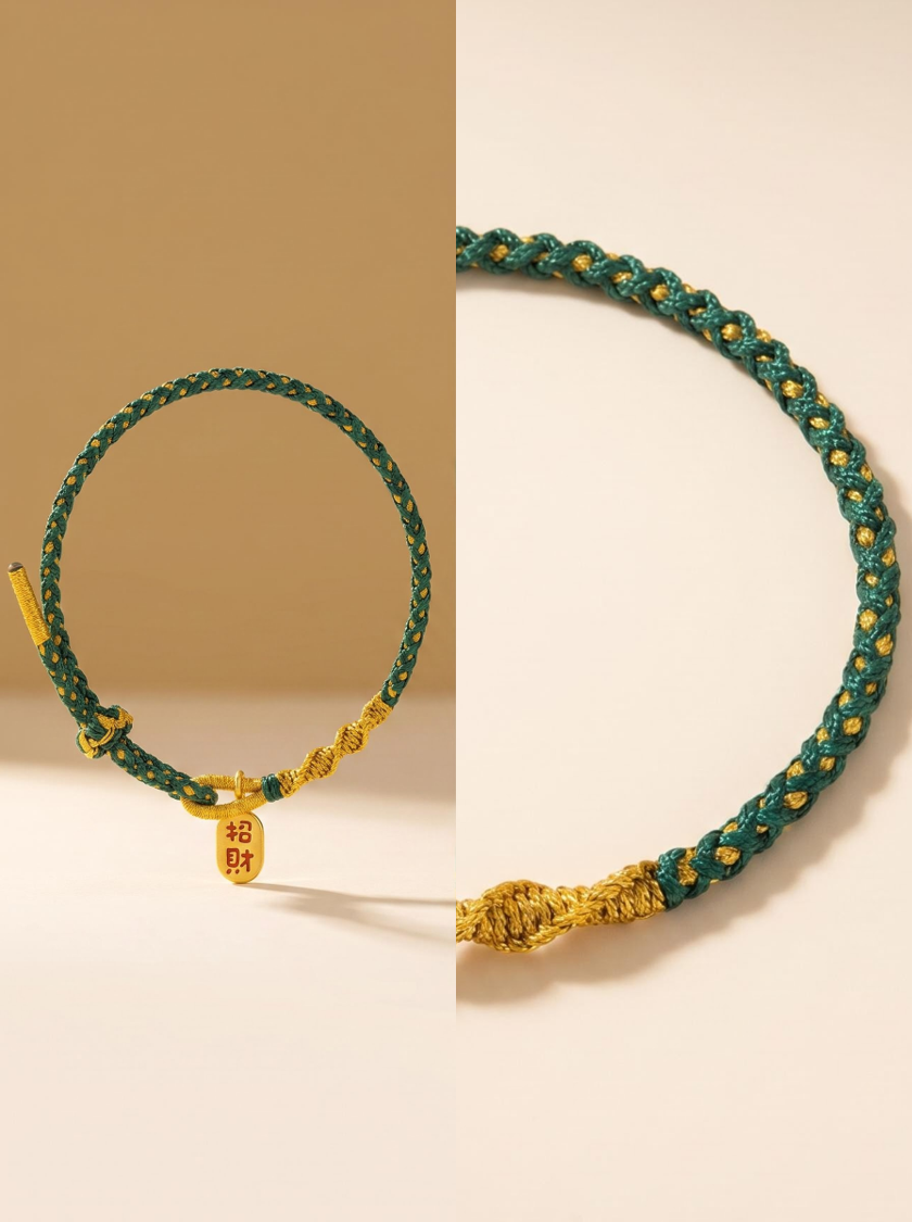 ORIENTAL VIBE | Grain in Ear Handcrafted Dragon Scale Bracelet with "Fortune & Blessing" Charm, Adjustable Sliding Button Knot, Convertible