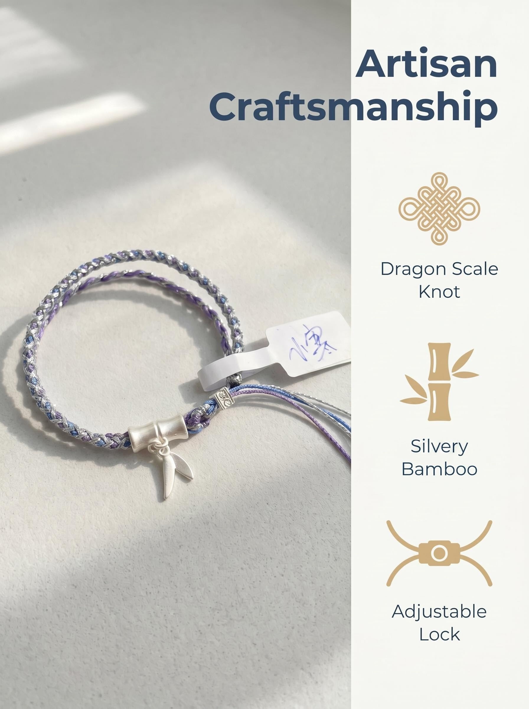 ORIENTAL VIBE | Lesser Cold Handcrafted Dragon Scale Bracelet with Silver-Toned Bamboo Joint Charm, Silver Slider Core Lock & Multi-Color Silk Tassel Extension