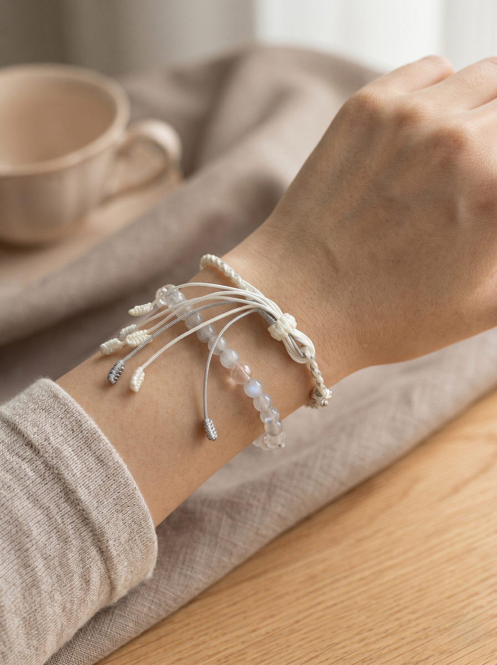 ORIENTAL VIBE | White Dew Handcrafted Dragon Scale Bracelet Inlaid with 3D Micro-Carved Silver Floral Motif, Finished with Four Silk Tassel Dewdrops, Adjustable