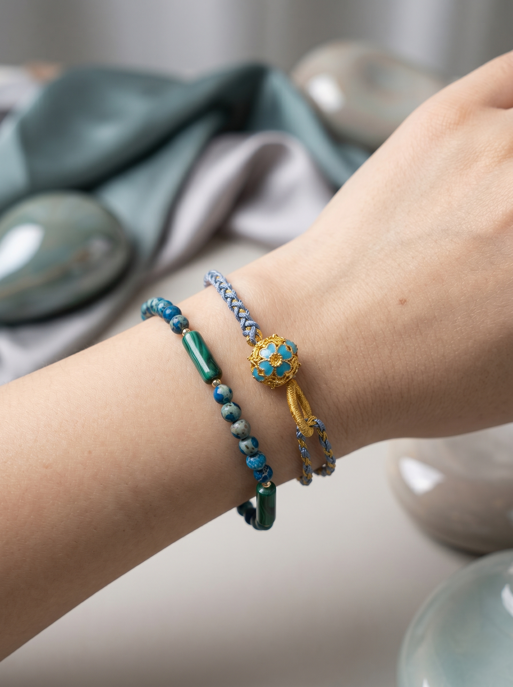 ORIENTAL VIBE | End of Heat Handcrafted Dragon Scale Bracelet with Gold Hollow Lucky Bead, Adjustable