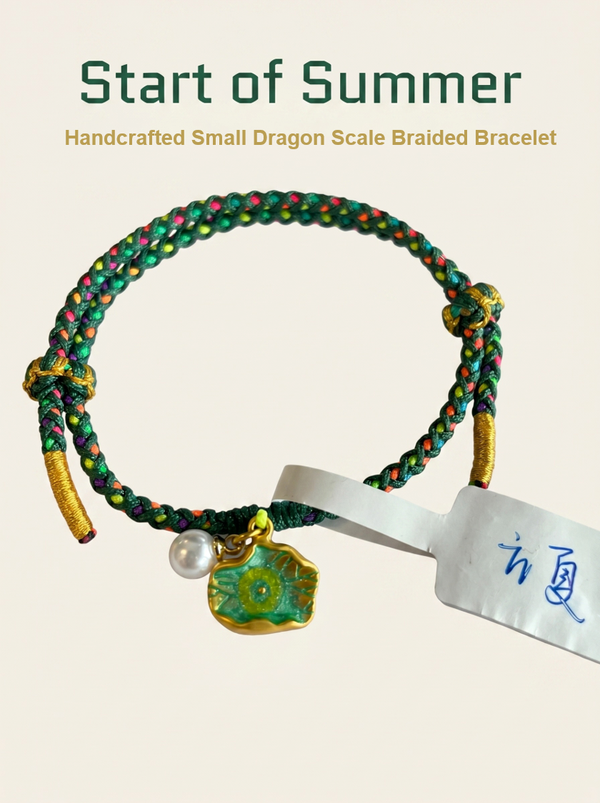 ORIENTAL VIBE | Start of Summer Handcrafted Dragon Scale Bracelet with Lotus Leaf & Seedpod Charms, Gold Wire Wrapped Closure & Double-Loop Clasp, Adjustable