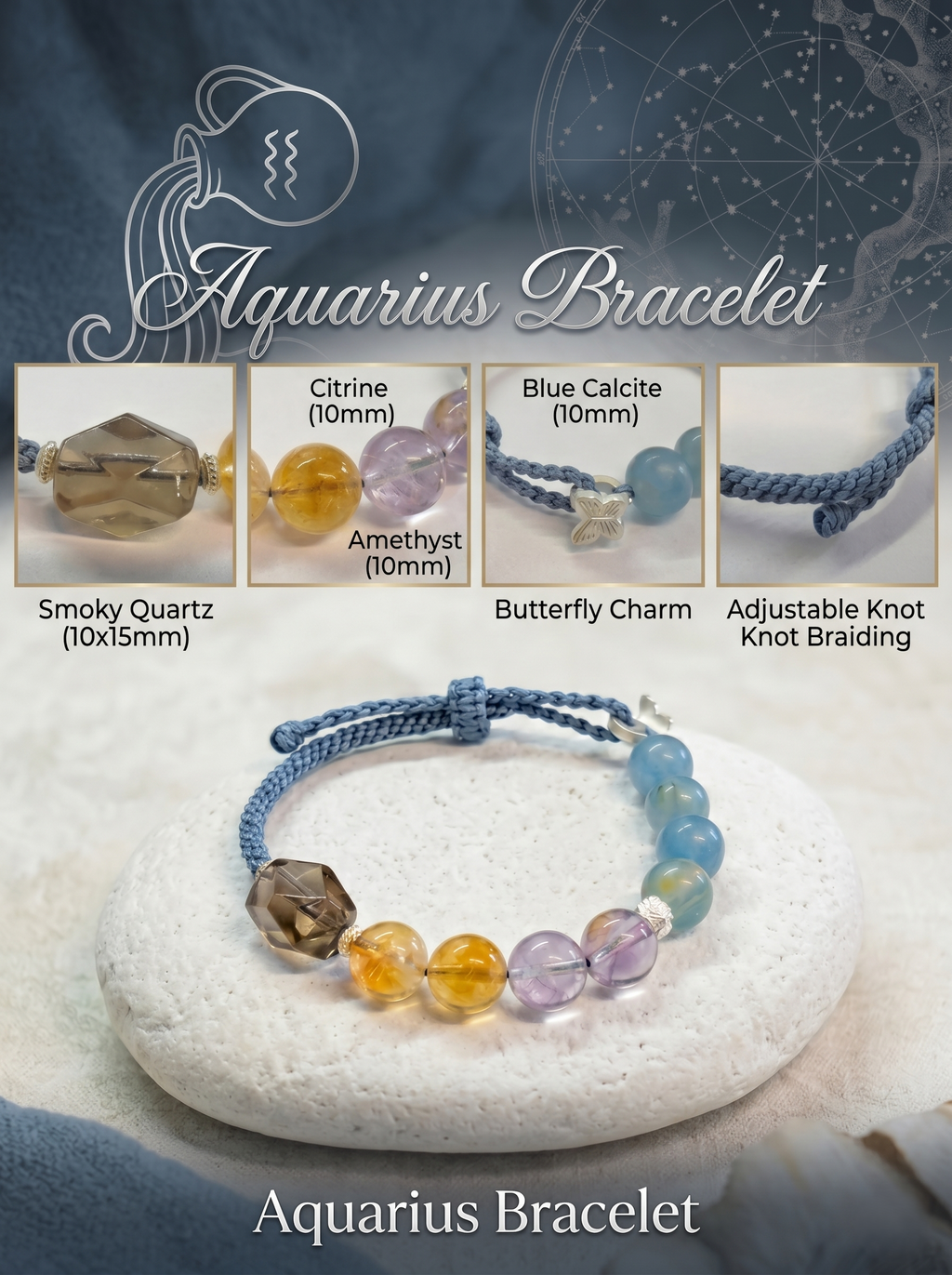 ORIENTAL VIBE Aquarius Energy Crystal Bracelet - Hand-Woven Crystal Healing Bracelet for Intuition & Clarity