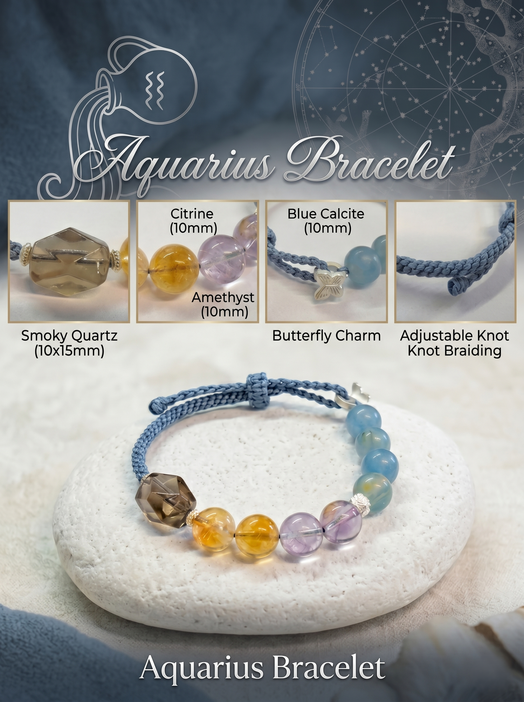 ORIENTAL VIBE Aquarius Energy Crystal Bracelet - Hand-Woven Crystal Healing Bracelet for Intuition & Clarity