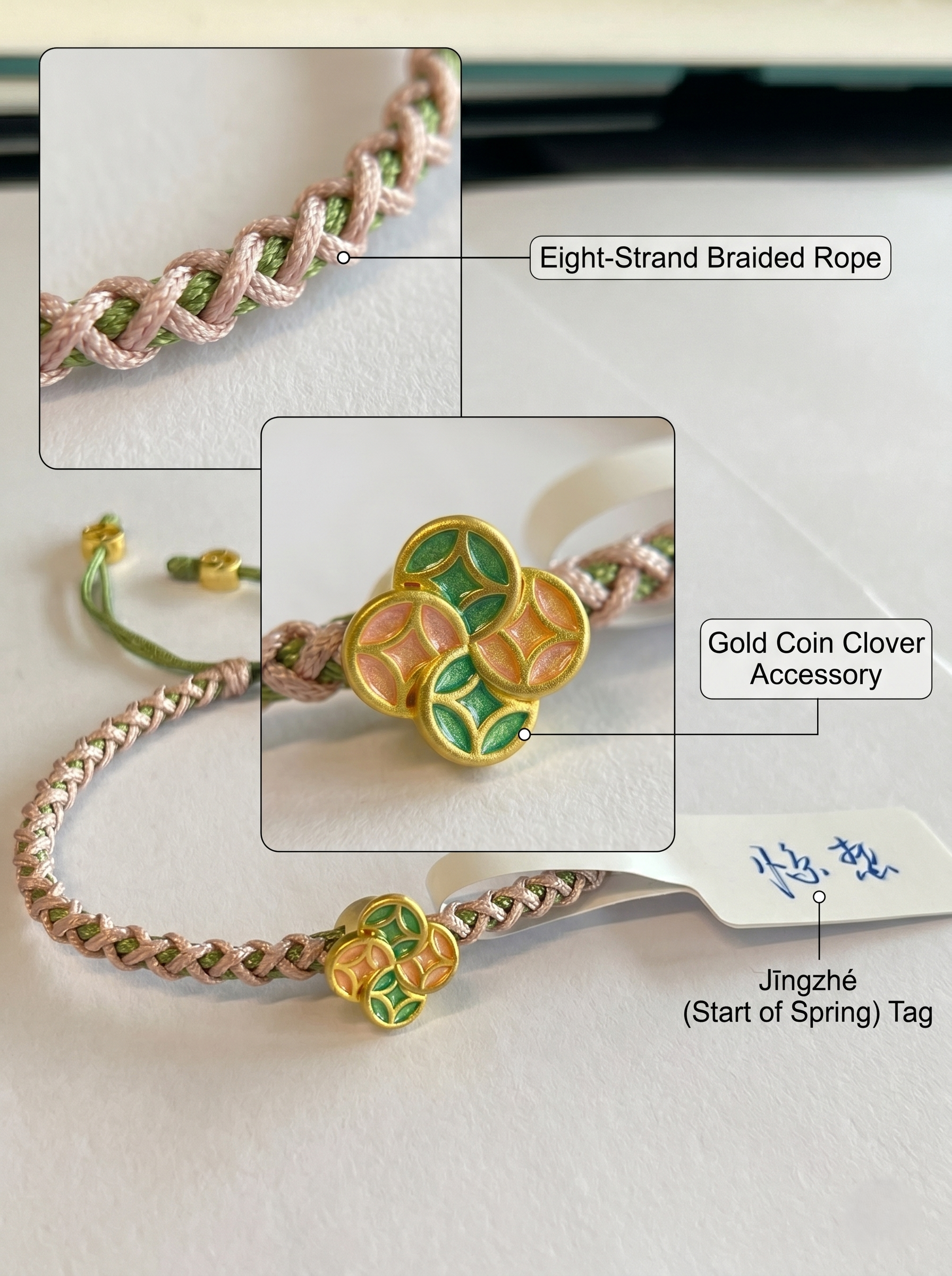 ORIENTAL VIBE | Awakening of Insects "The Spring of Awakening" Hand-Woven Dragon Scale Bracelet with Copper Coin & Clover Charms, Adjustable