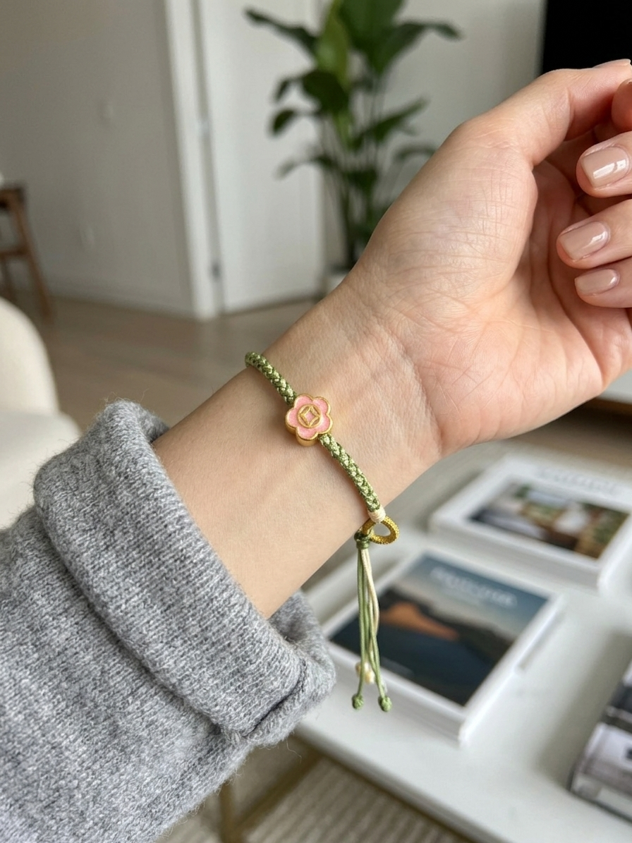 ORIENTAL VIBE | Beginning of Spring "Awakening of Spring" Tender green Hand-Woven Dragon Scale Bracelet with Peach Blossom Accent, Adjustable