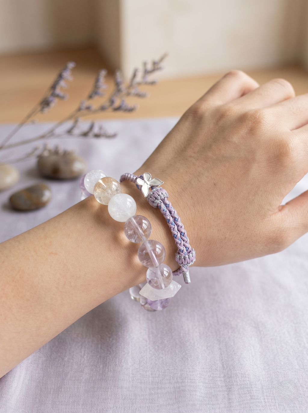 ORIENTAL VIBE | Cold Dew Handcrafted Dragon Scale Bracelet with Silver Metamorphosis Butterfly & Chilled Silver Rings, Layered Braided Buckle Details, Adjustable