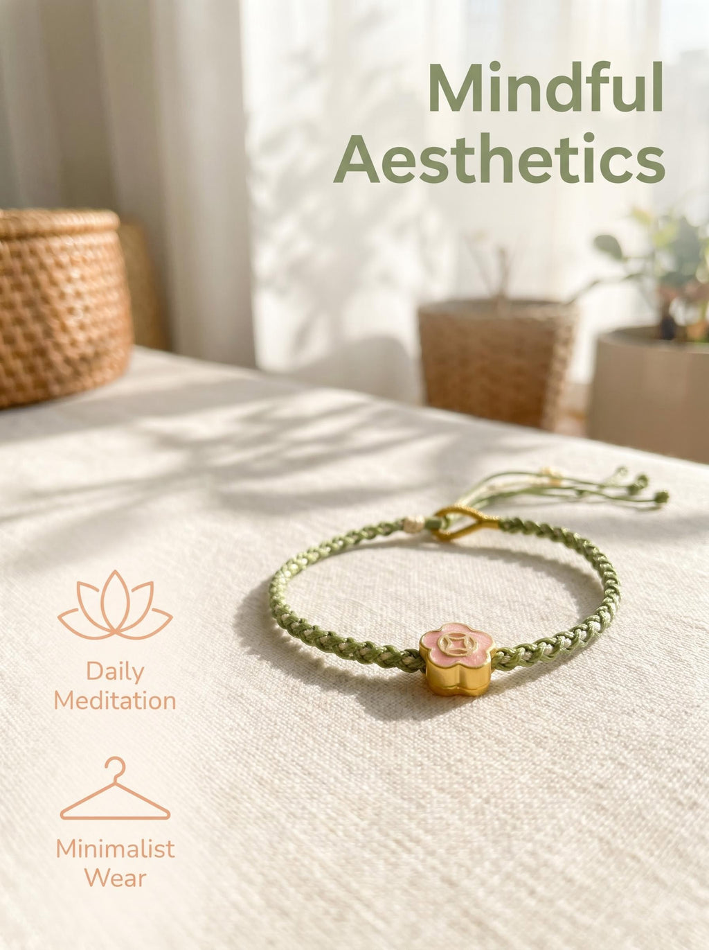 ORIENTAL VIBE | Beginning of Spring "Awakening of Spring" Tender green Hand-Woven Dragon Scale Bracelet with Peach Blossom Accent, Adjustable