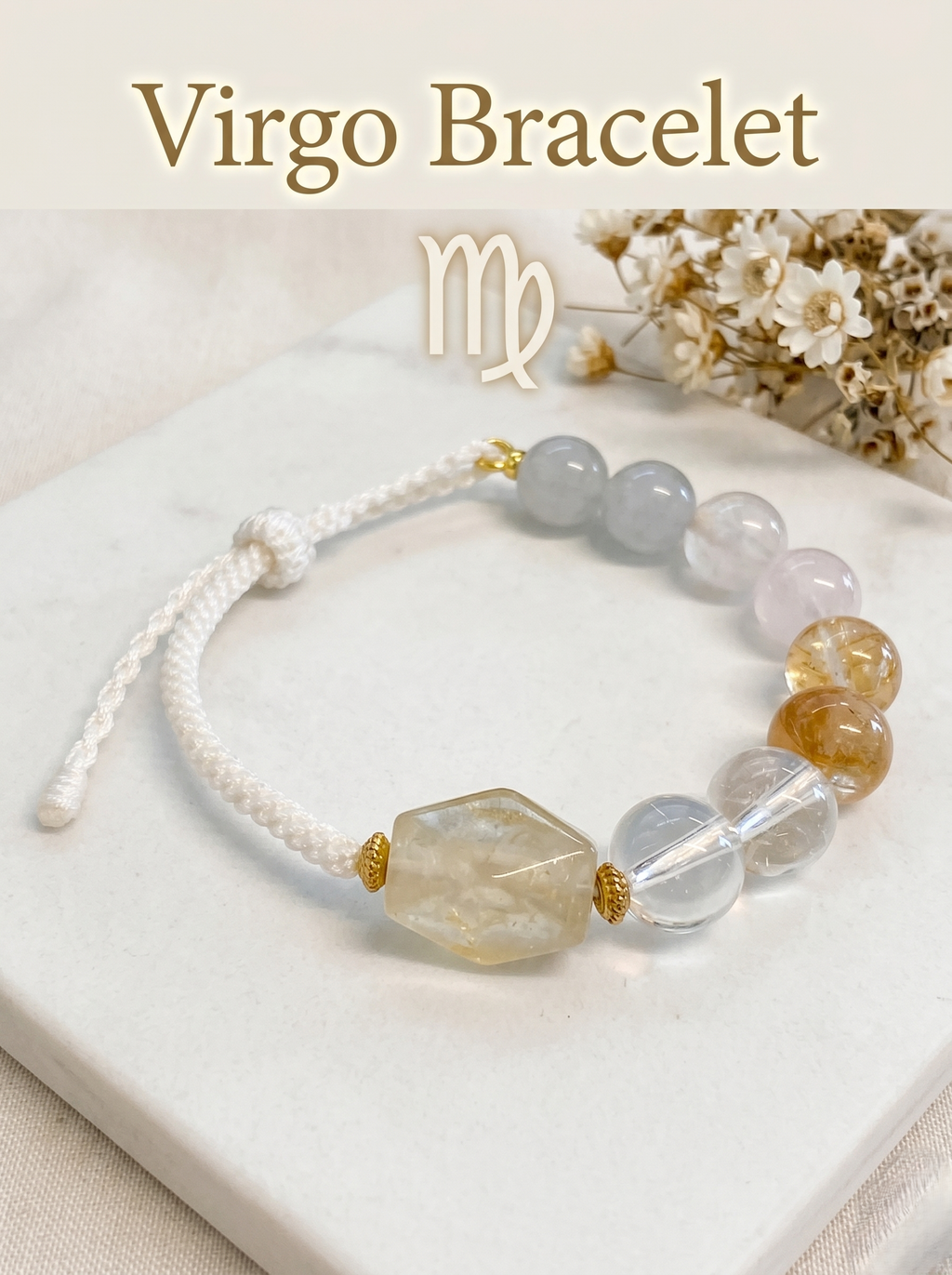 ORIENTAL VIBE Virgo Zodiac Crystal Energy Bracelet - Hand-Woven Citrine & Clear Quartz Bracelet for Clarity & Protection