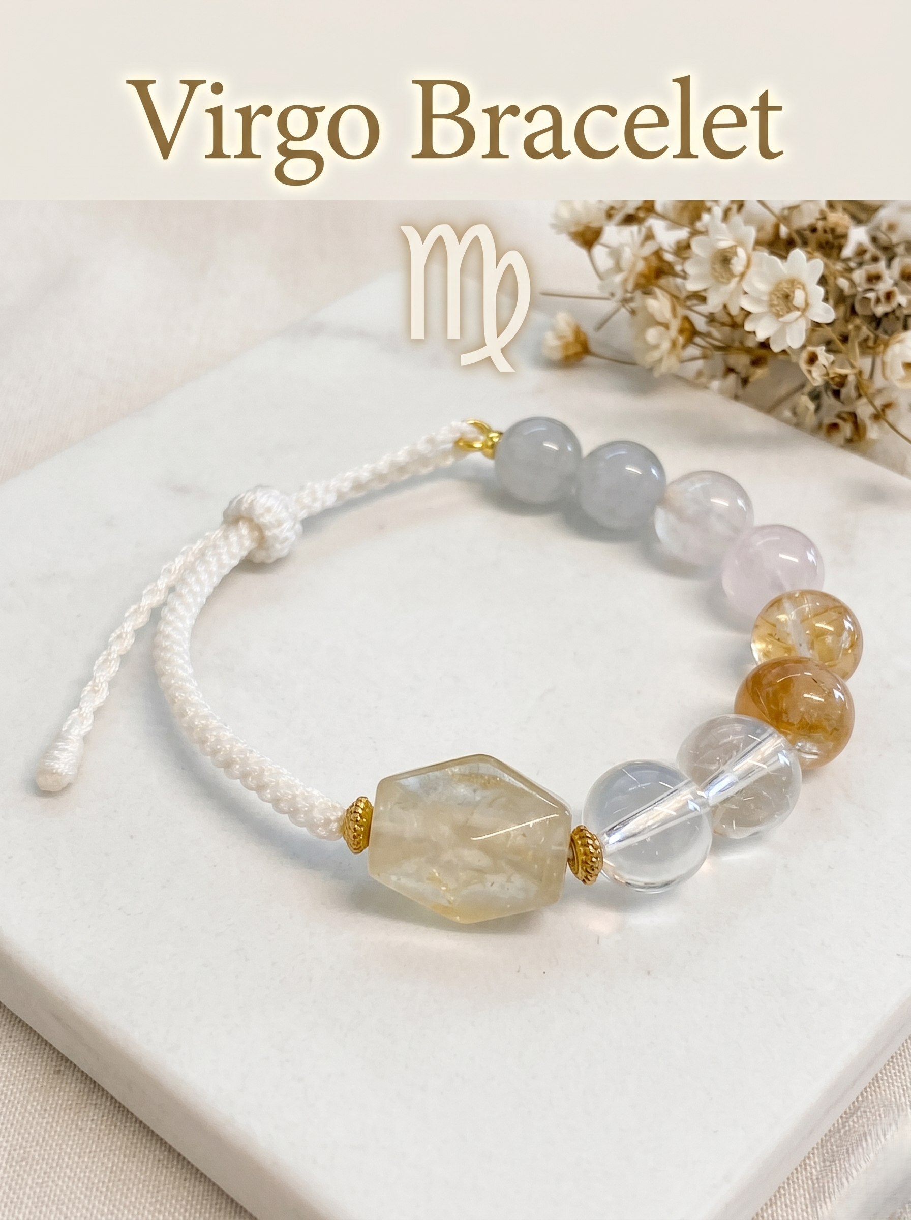 ORIENTAL VIBE Virgo Zodiac Crystal Energy Bracelet - Hand-Woven Citrine & Clear Quartz Bracelet for Clarity & Protection