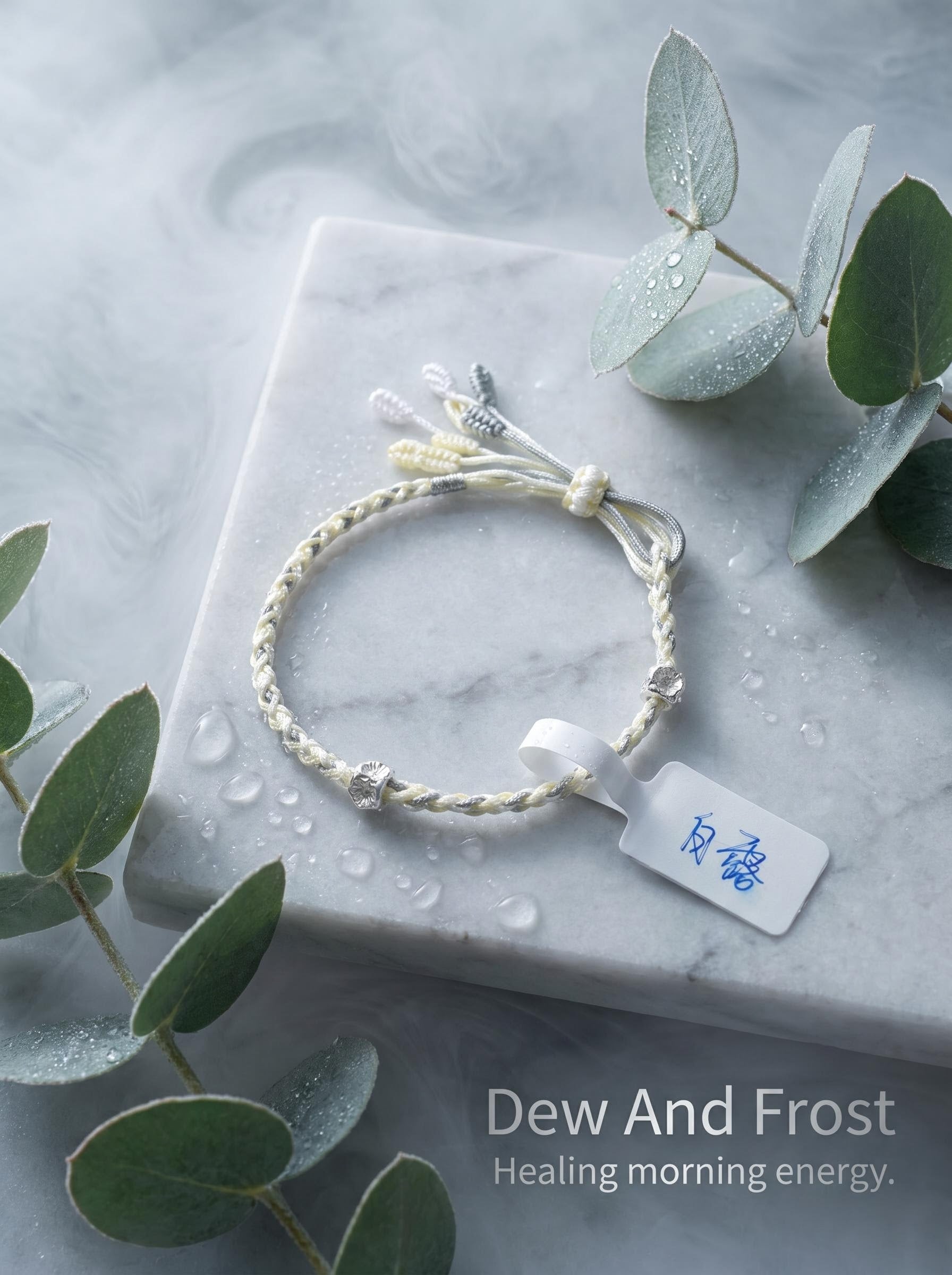 ORIENTAL VIBE | White Dew Handcrafted Dragon Scale Bracelet Inlaid with 3D Micro-Carved Silver Floral Motif, Finished with Four Silk Tassel Dewdrops, Adjustable