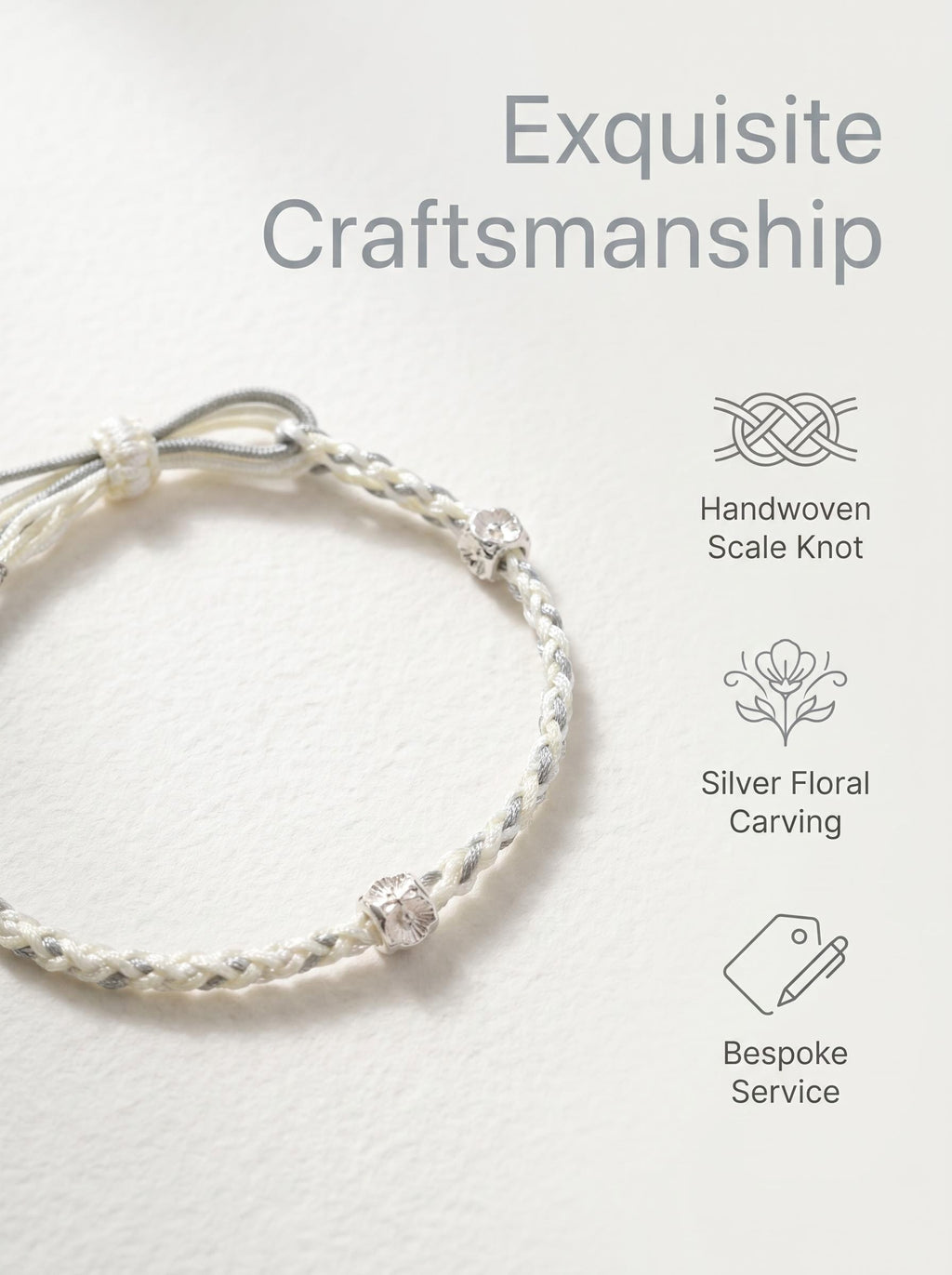 ORIENTAL VIBE | White Dew Handcrafted Dragon Scale Bracelet Inlaid with 3D Micro-Carved Silver Floral Motif, Finished with Four Silk Tassel Dewdrops, Adjustable