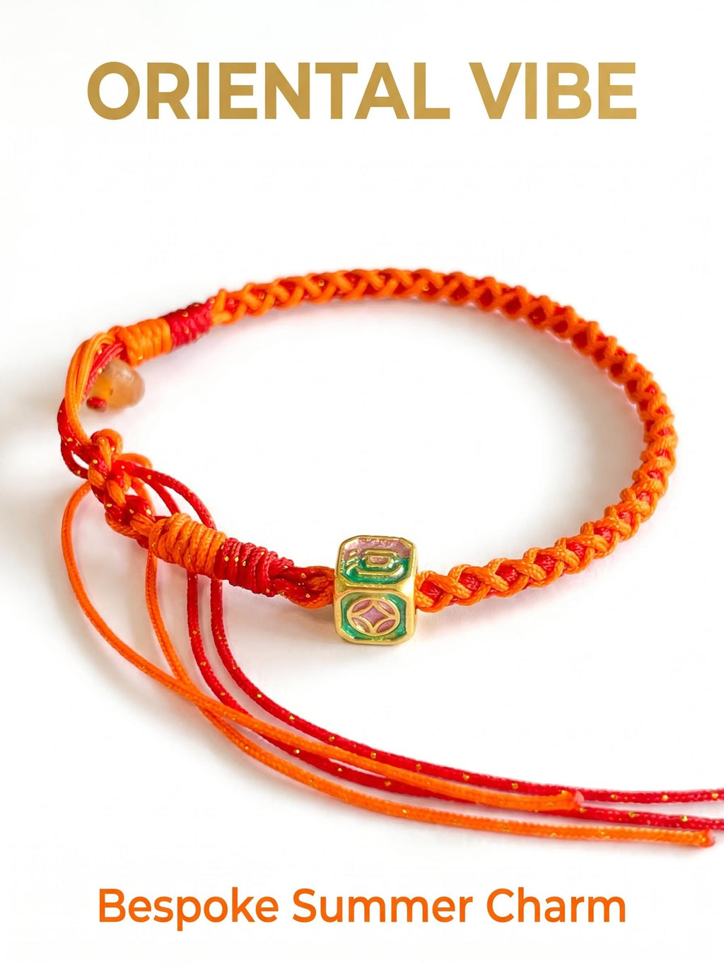 ORIENTAL VIBE | Slight Heat Handcrafted Dragon Scale Bracelet Inlaid with Hexahedron Ornament, Translucent Amber Tail Beads, Adjustable