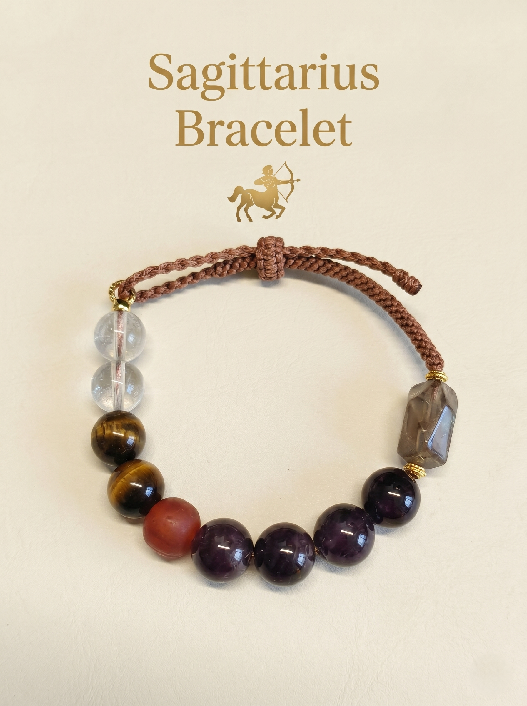ORIENTAL VIBE | Sagittarius Crystal Energy Bracelet – Handcrafted Tiger’s Eye & Clear Quartz Guardian Cord for Good Luck & Freedom