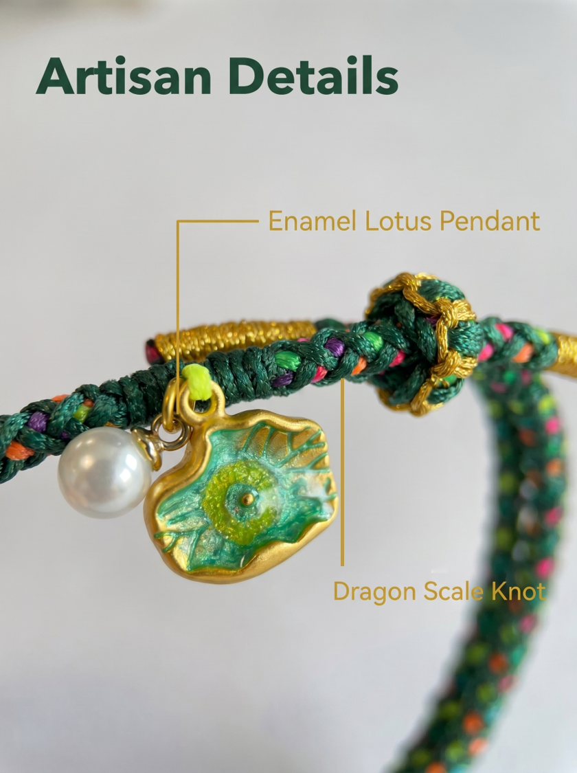 ORIENTAL VIBE | Start of Summer Handcrafted Dragon Scale Bracelet with Lotus Leaf & Seedpod Charms, Gold Wire Wrapped Closure & Double-Loop Clasp, Adjustable