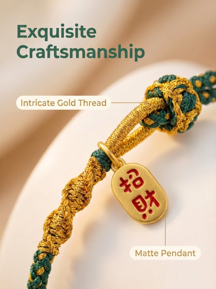 ORIENTAL VIBE | Grain in Ear Handcrafted Dragon Scale Bracelet with "Fortune & Blessing" Charm, Adjustable Sliding Button Knot, Convertible