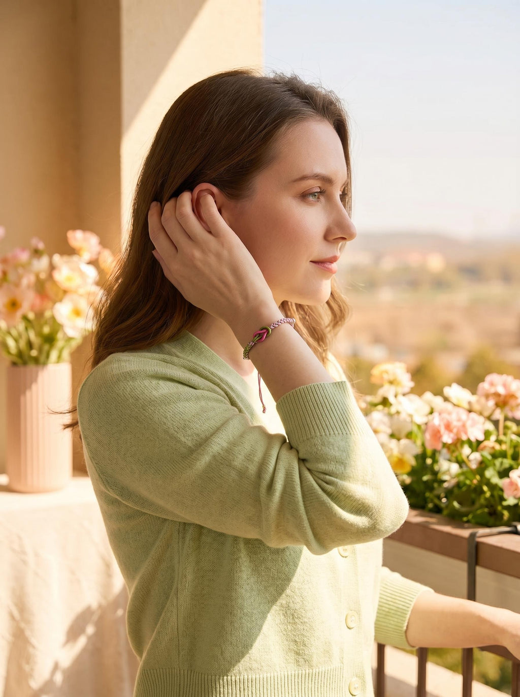 ORIENTAL VIBE | "Balanced Spring" Handcrafted Dragon Scale Braided Bracelet, Featuring Pink & Green Interwoven Button Knot, Adjustable