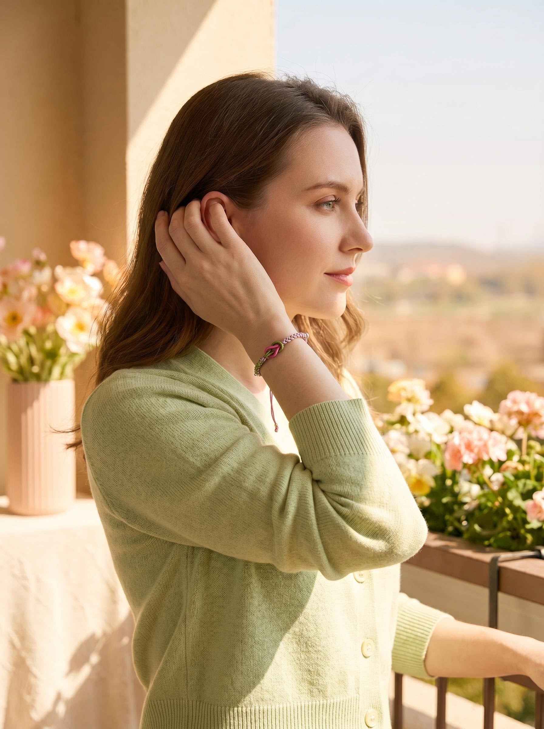 ORIENTAL VIBE | "Balanced Spring" Handcrafted Dragon Scale Braided Bracelet, Featuring Pink & Green Interwoven Button Knot, Adjustable