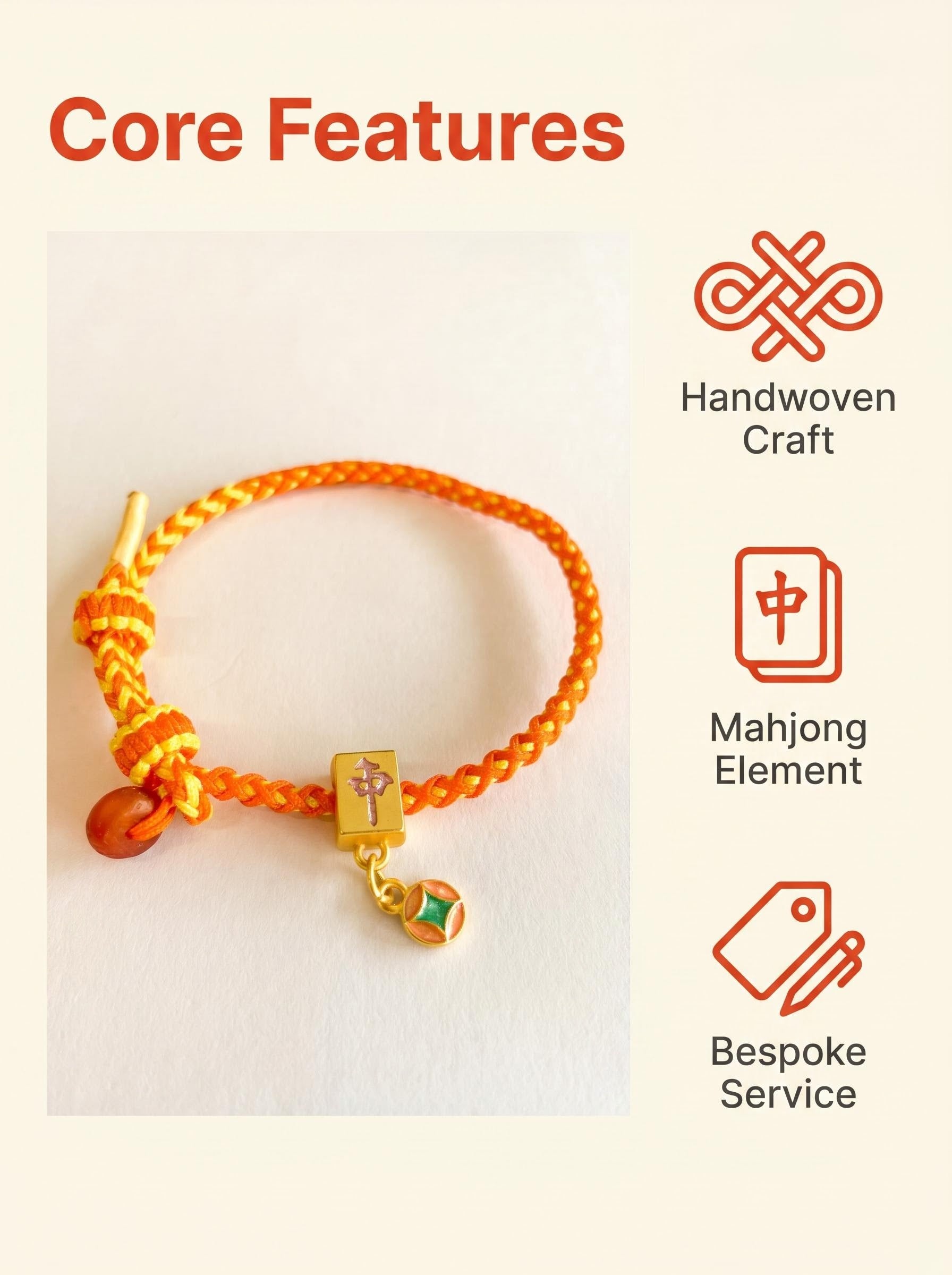 ORIENTAL VIBE | "Summer Solstice" Hand-Woven Dragon Scale Bracelet, Featuring Guochao Mahjong "Chung" Element, Lustrous Vermilion Beads & Gold Wire Wrapping, Adjustable