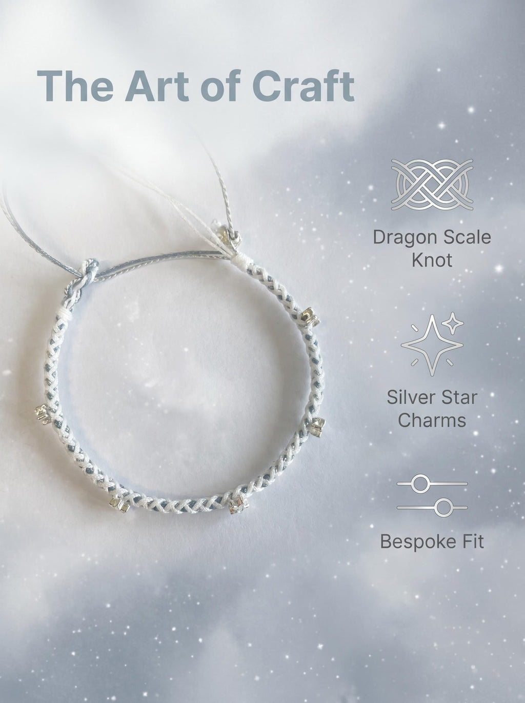 ORIENTAL VIBE | Light Snow Handcrafted Dragon Scale Bracelet Adorned with Multiple Silver-Toned Star Charms, Adjustable Drawstring