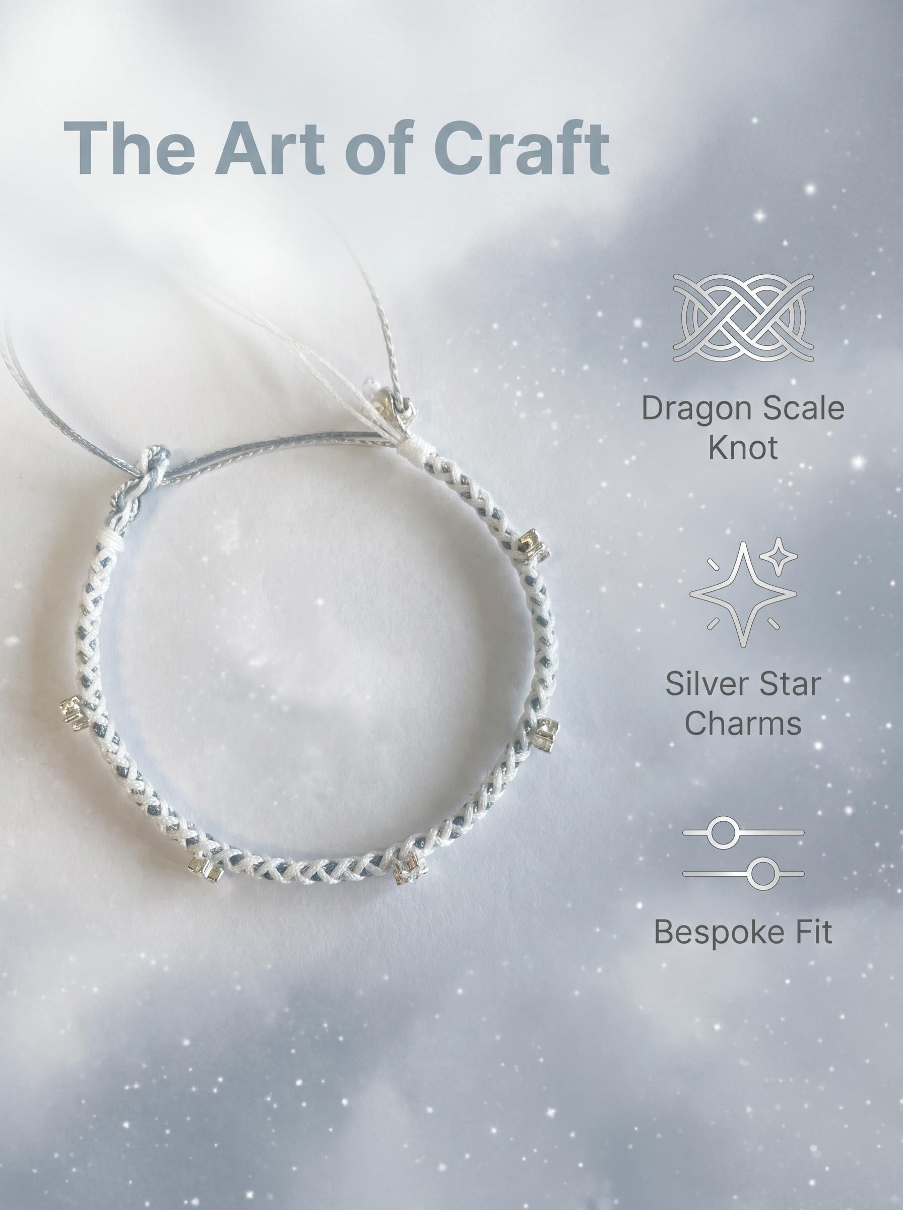 ORIENTAL VIBE | Light Snow Handcrafted Dragon Scale Bracelet Adorned with Multiple Silver-Toned Star Charms, Adjustable Drawstring