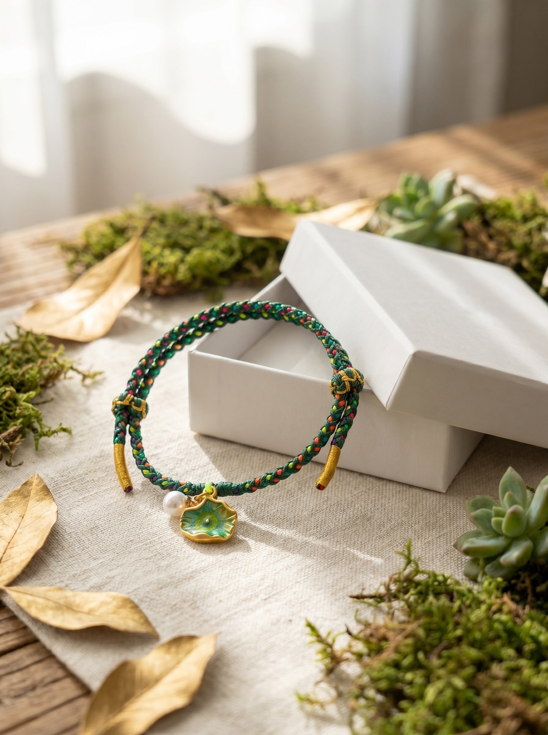 ORIENTAL VIBE | Start of Summer Handcrafted Dragon Scale Bracelet with Lotus Leaf & Seedpod Charms, Gold Wire Wrapped Closure & Double-Loop Clasp, Adjustable
