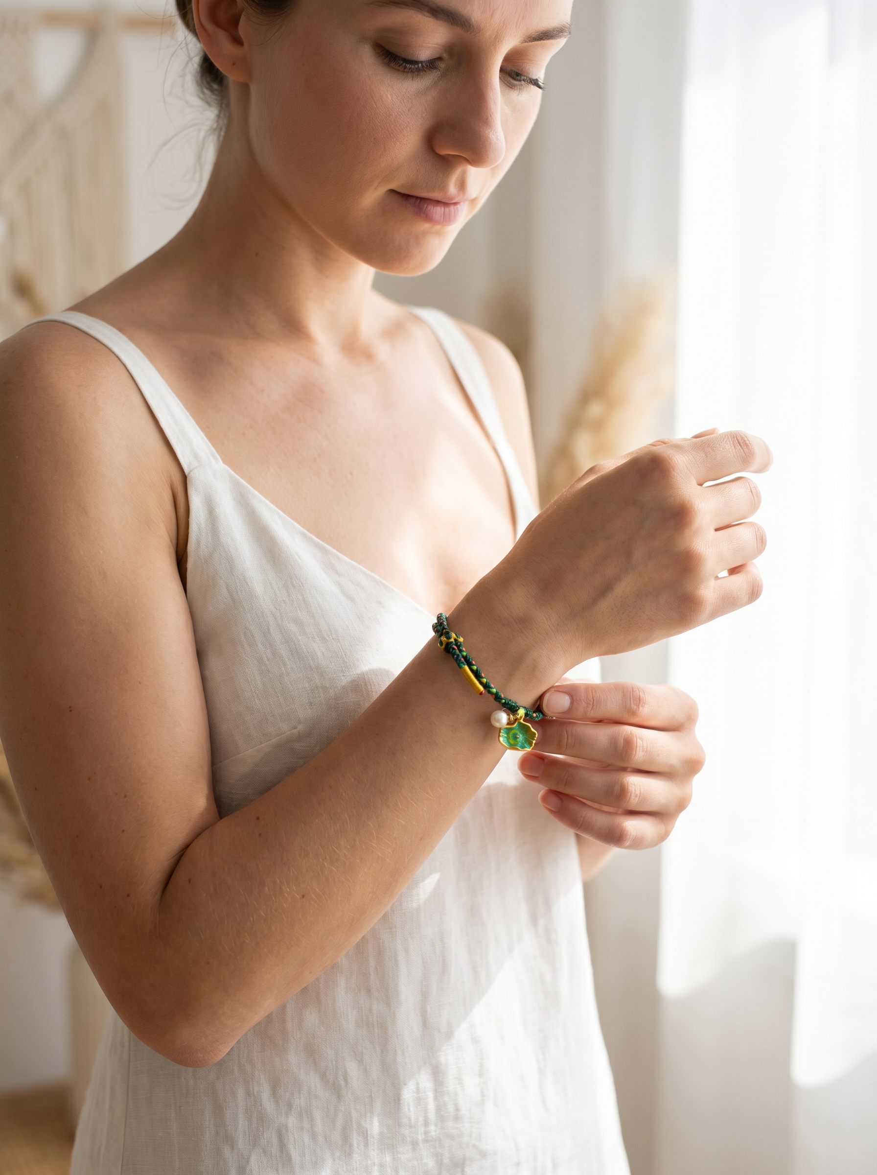 ORIENTAL VIBE | Start of Summer Handcrafted Dragon Scale Bracelet with Lotus Leaf & Seedpod Charms, Gold Wire Wrapped Closure & Double-Loop Clasp, Adjustable