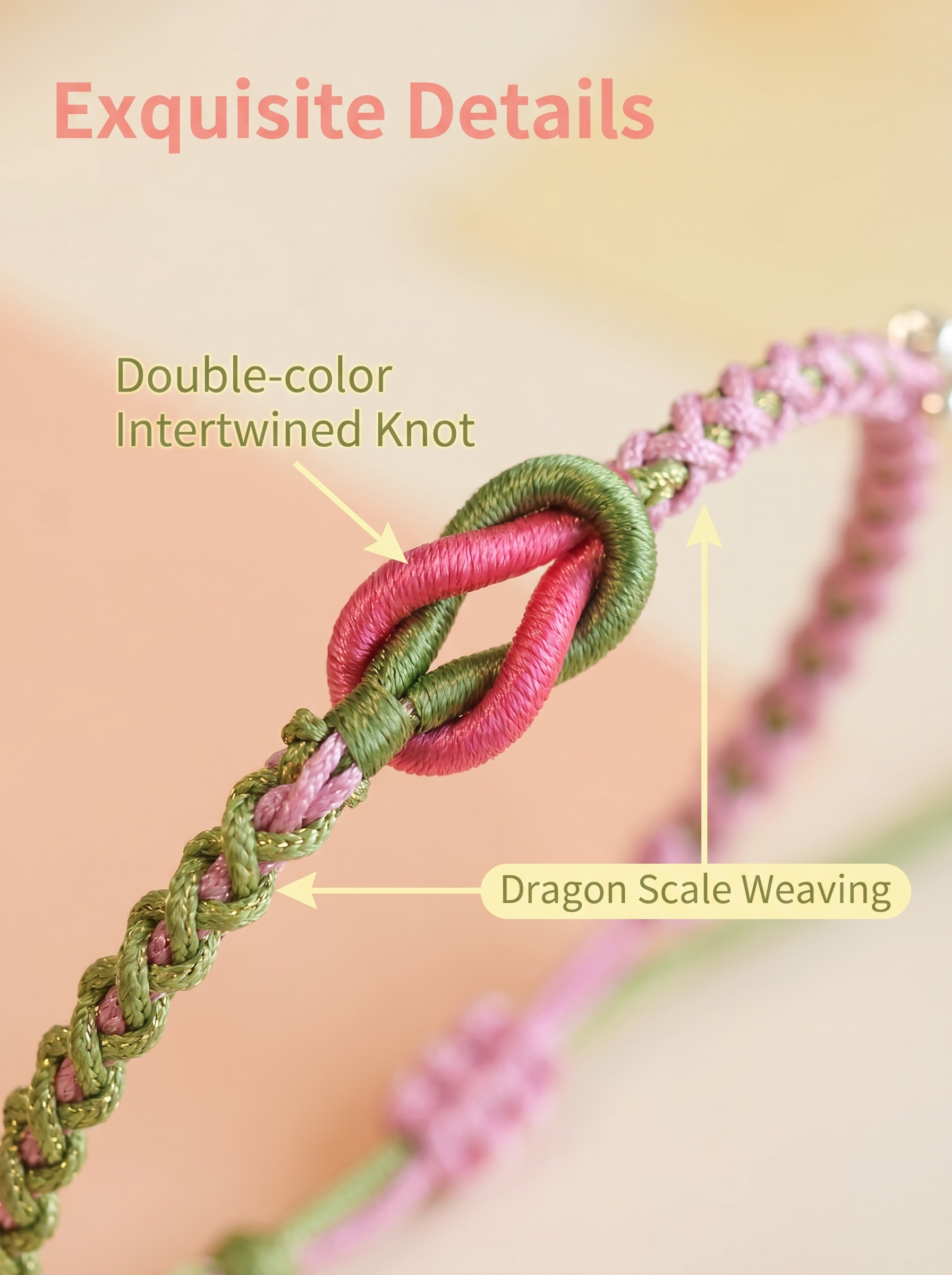 ORIENTAL VIBE | "Balanced Spring" Handcrafted Dragon Scale Braided Bracelet, Featuring Pink & Green Interwoven Button Knot, Adjustable
