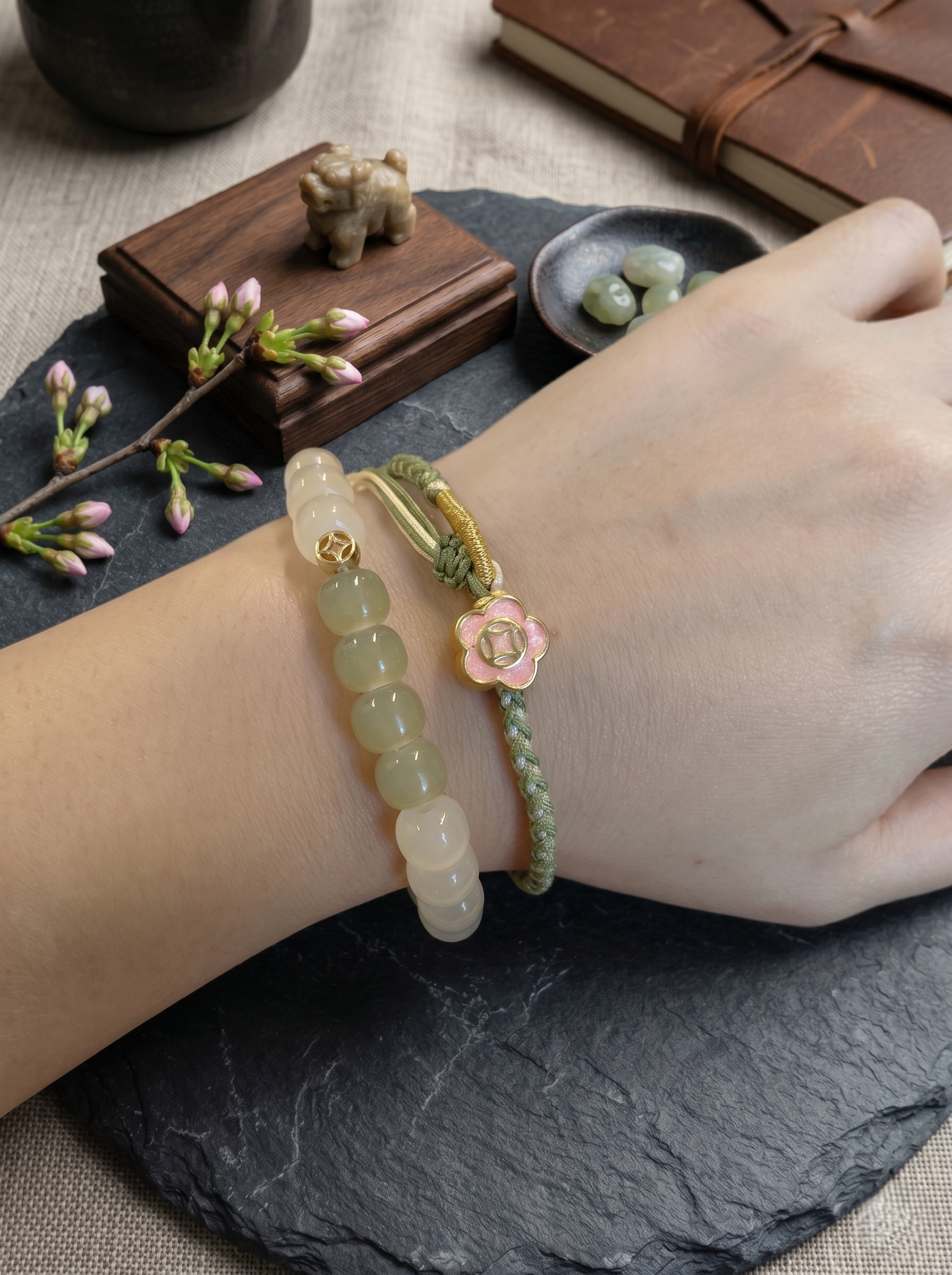 ORIENTAL VIBE | Beginning of Spring "Awakening of Spring" Tender green Hand-Woven Dragon Scale Bracelet with Peach Blossom Accent, Adjustable
