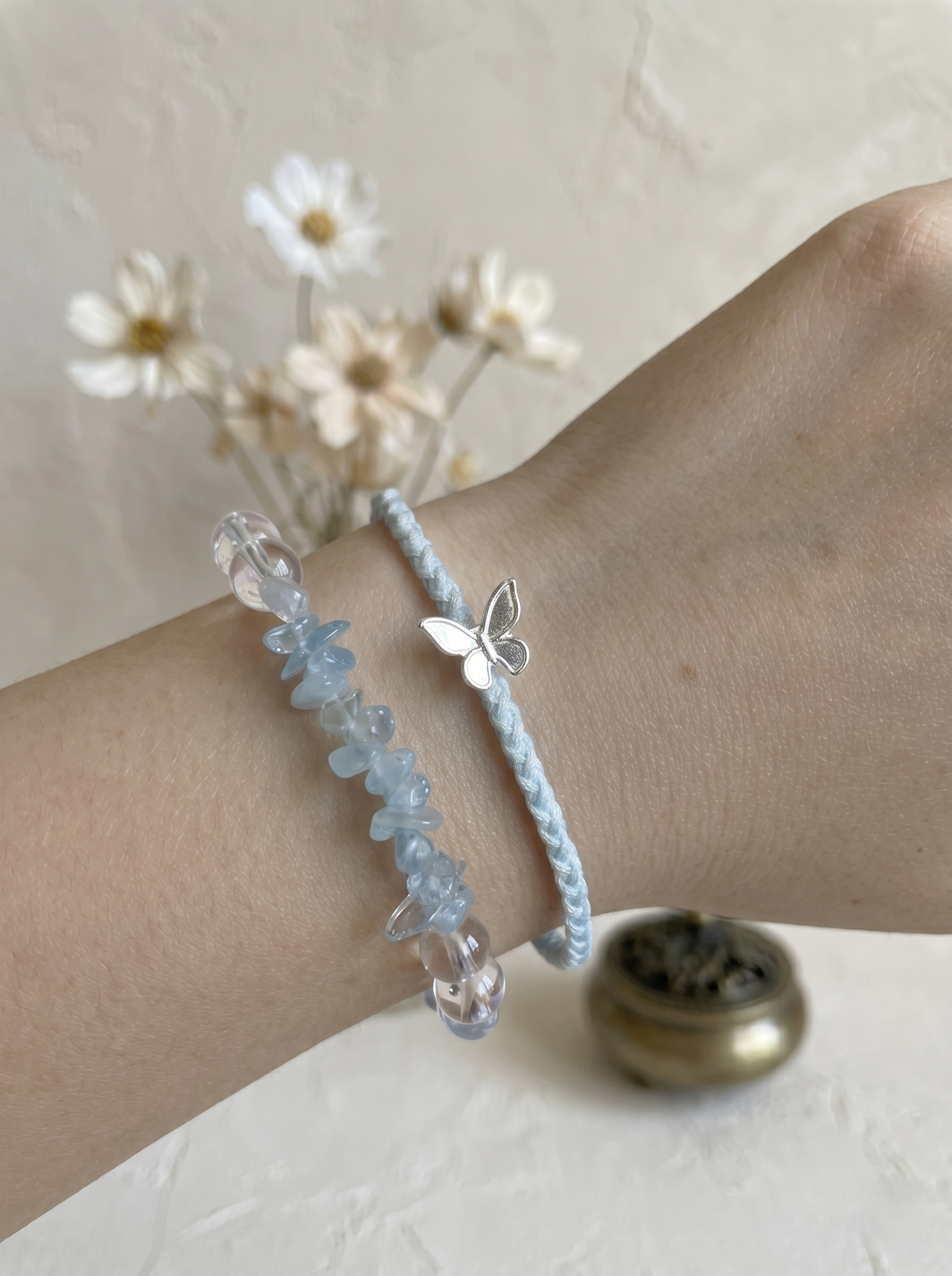 ORIENTAL VIBE | Rain Water "Spring Rain Nurtures All" Pale blueHand-Woven Dragon Scale Bracelet with Silver Butterfly Charm