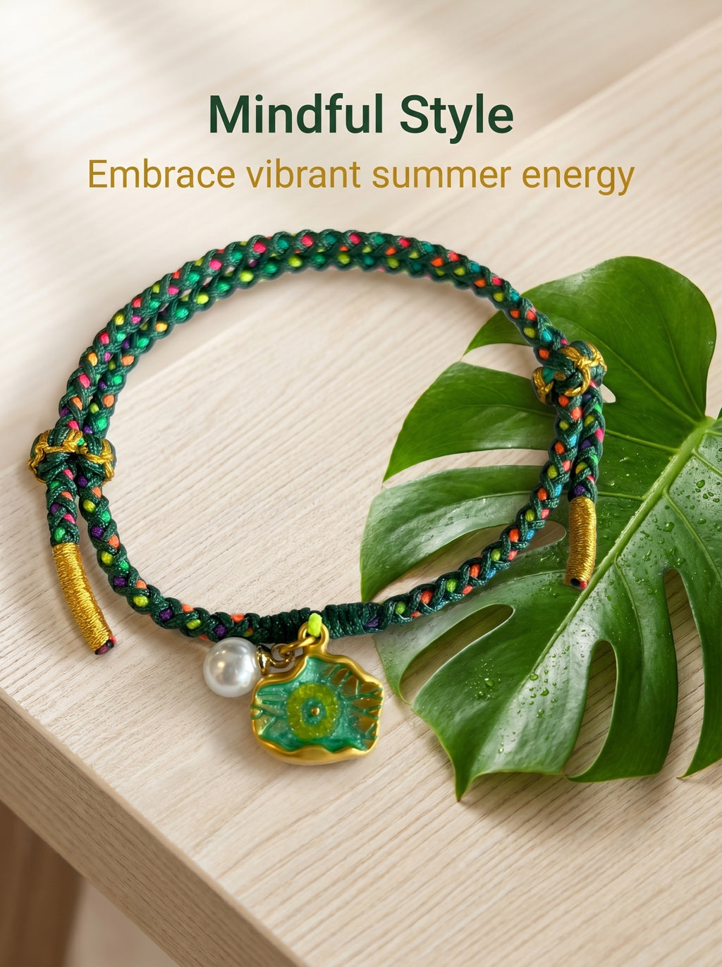 ORIENTAL VIBE | Start of Summer Handcrafted Dragon Scale Bracelet with Lotus Leaf & Seedpod Charms, Gold Wire Wrapped Closure & Double-Loop Clasp, Adjustable