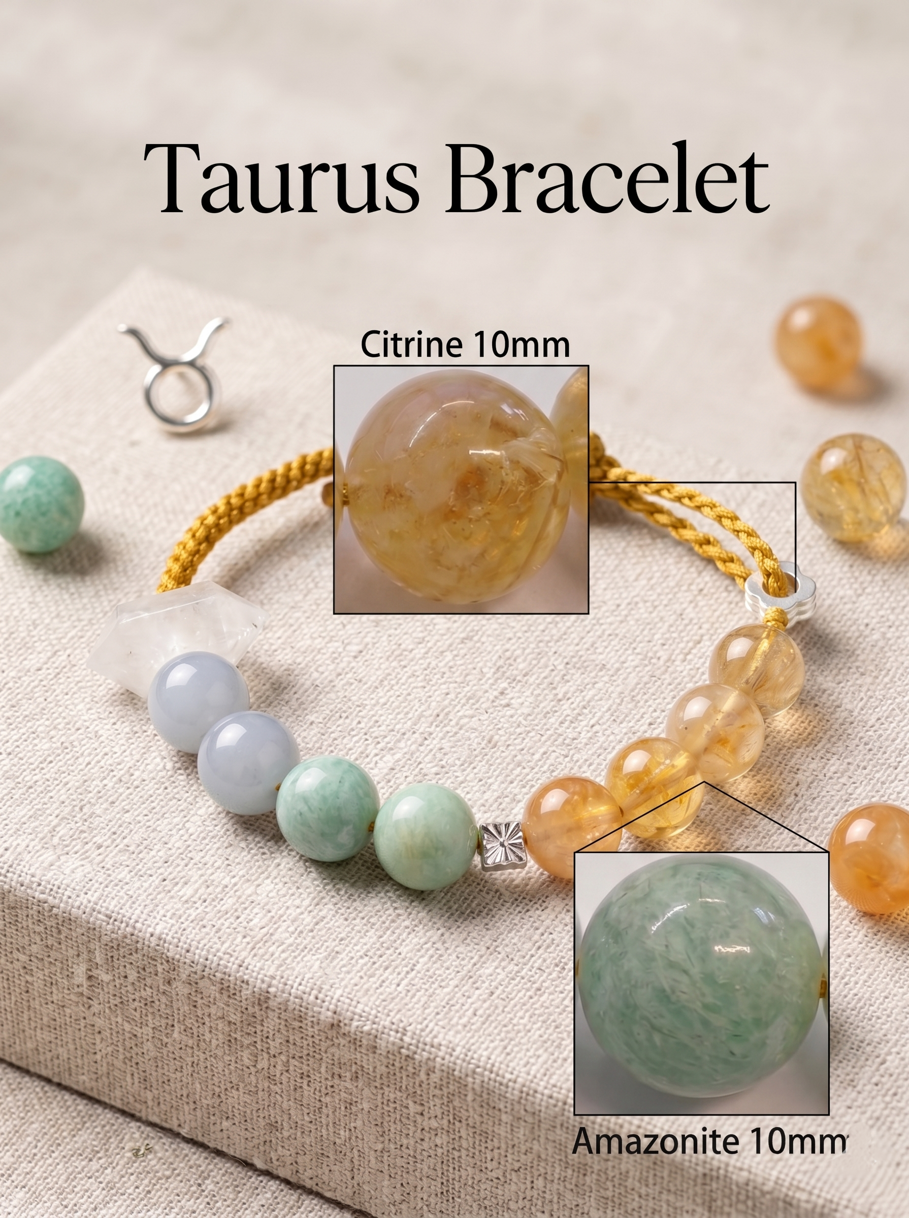 ORIENTAL VIBE Taurus Zodiac Crystal Energy Bracelet - Hand-Woven Citrine Bracelet for Wealth Manifestation & Grounding
