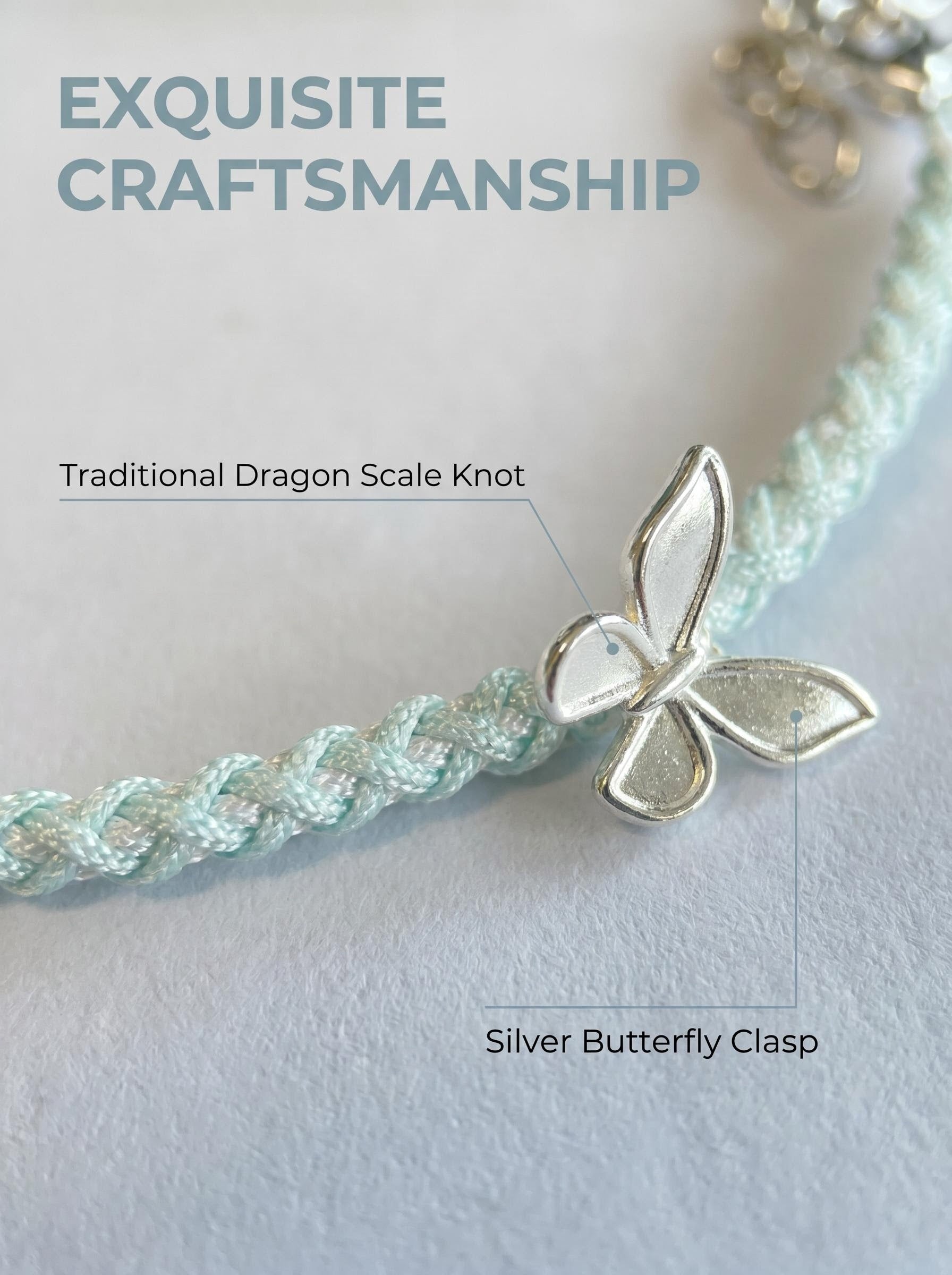 ORIENTAL VIBE | Rain Water "Spring Rain Nurtures All" Pale blueHand-Woven Dragon Scale Bracelet with Silver Butterfly Charm