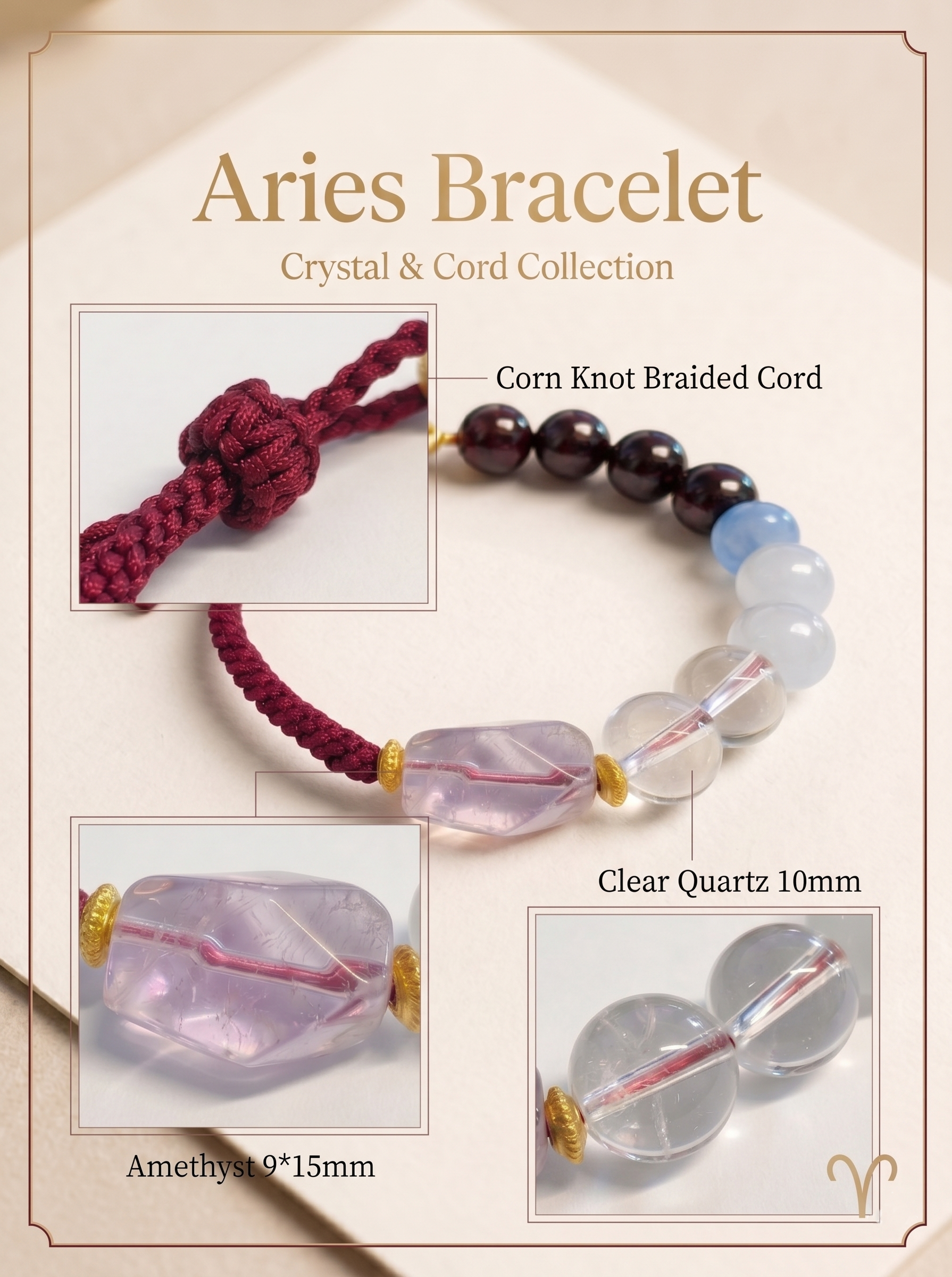 ORIENTAL VIBE Aries Zodiac Crystal Energy Bracelet - Hand-Woven Healing Bracelet for Courage & Action