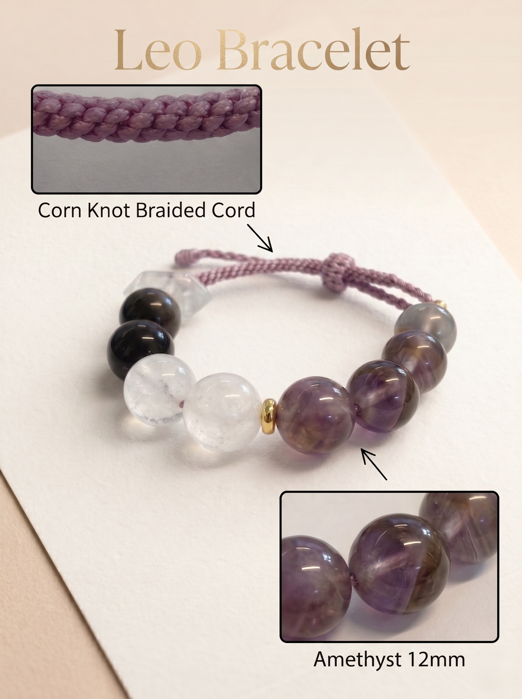 ORIENTAL VIBE Leo Zodiac Crystal Energy Bracelet - Hand-Woven Amethyst & Clear Quartz Bracelet for Regal Confidence