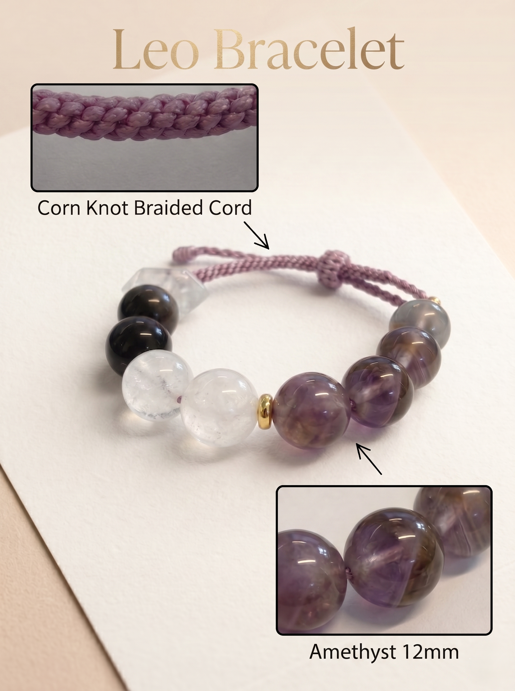 ORIENTAL VIBE Leo Zodiac Crystal Energy Bracelet - Hand-Woven Amethyst & Clear Quartz Bracelet for Regal Confidence