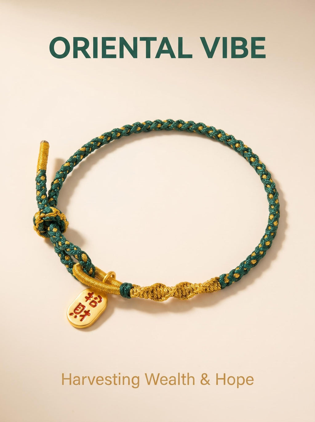 ORIENTAL VIBE | Grain in Ear Handcrafted Dragon Scale Bracelet with "Fortune & Blessing" Charm, Adjustable Sliding Button Knot, Convertible