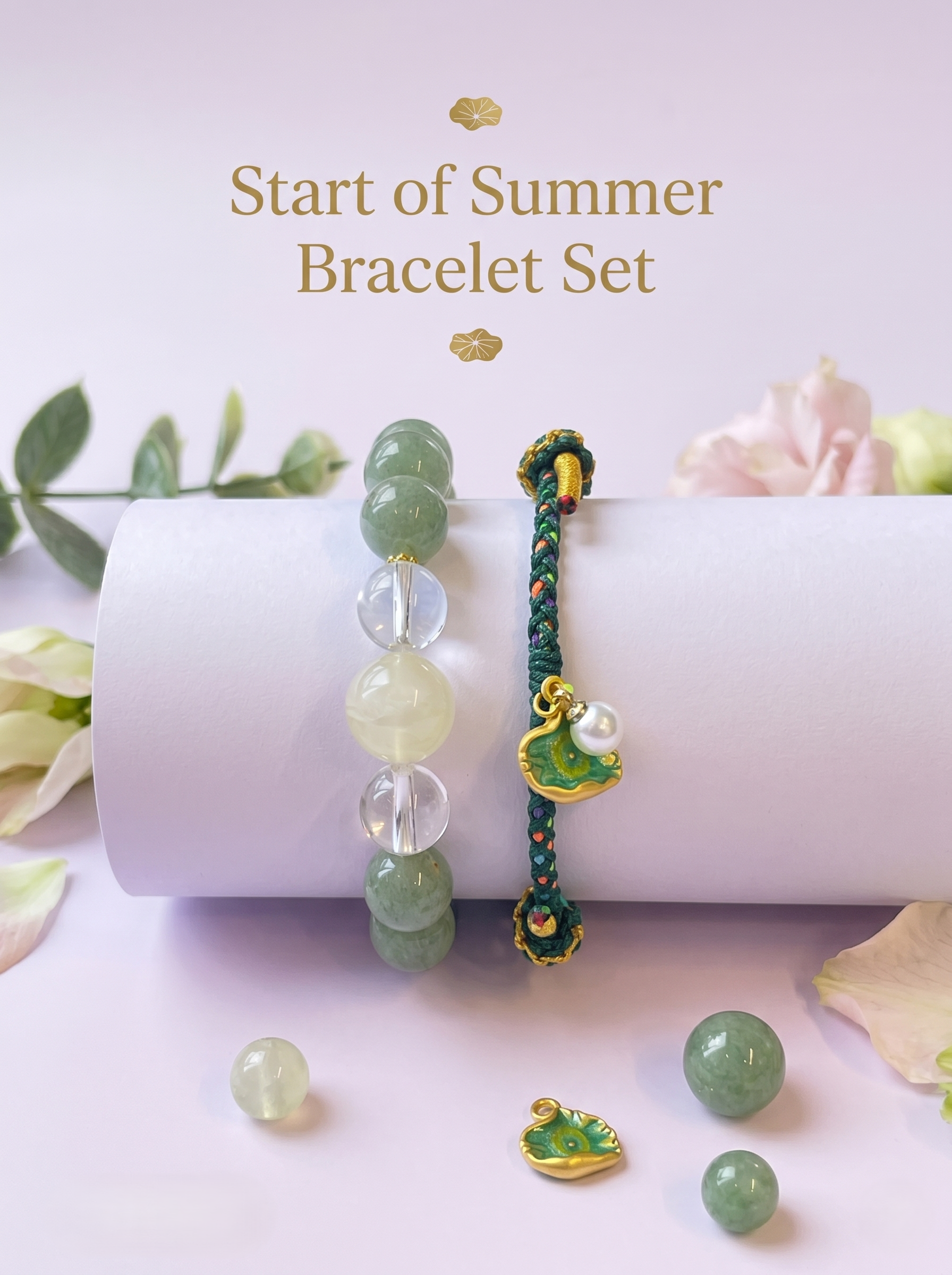 ORIENTAL VIBE | Start of Summer Handcrafted Dragon Scale Bracelet with Lotus Leaf & Seedpod Charms, Gold Wire Wrapped Closure & Double-Loop Clasp, Adjustable
