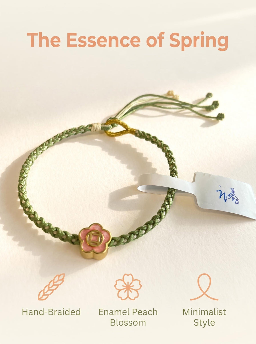 ORIENTAL VIBE | Beginning of Spring "Awakening of Spring" Tender green Hand-Woven Dragon Scale Bracelet with Peach Blossom Accent, Adjustable