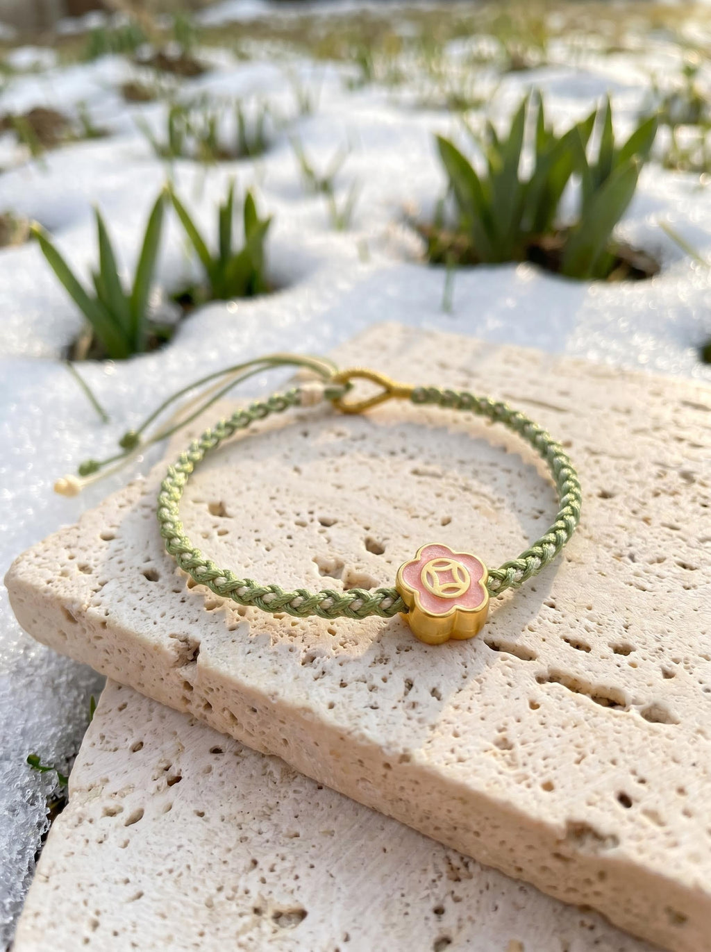 ORIENTAL VIBE | Beginning of Spring "Awakening of Spring" Tender green Hand-Woven Dragon Scale Bracelet with Peach Blossom Accent, Adjustable