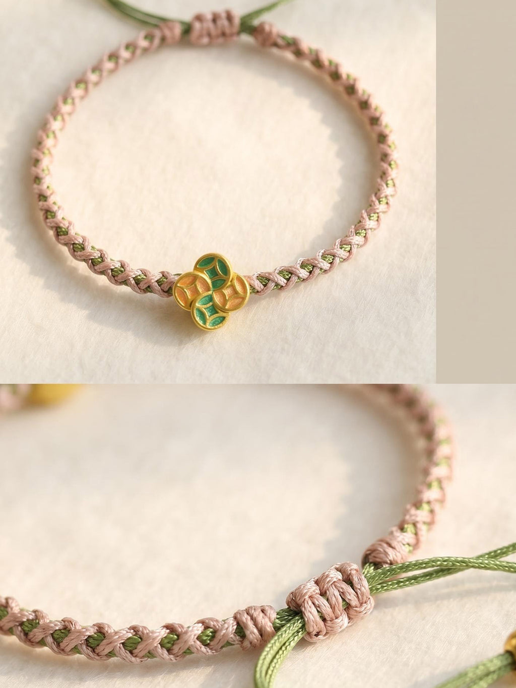 ORIENTAL VIBE | Awakening of Insects "The Spring of Awakening" Hand-Woven Dragon Scale Bracelet with Copper Coin & Clover Charms, Adjustable