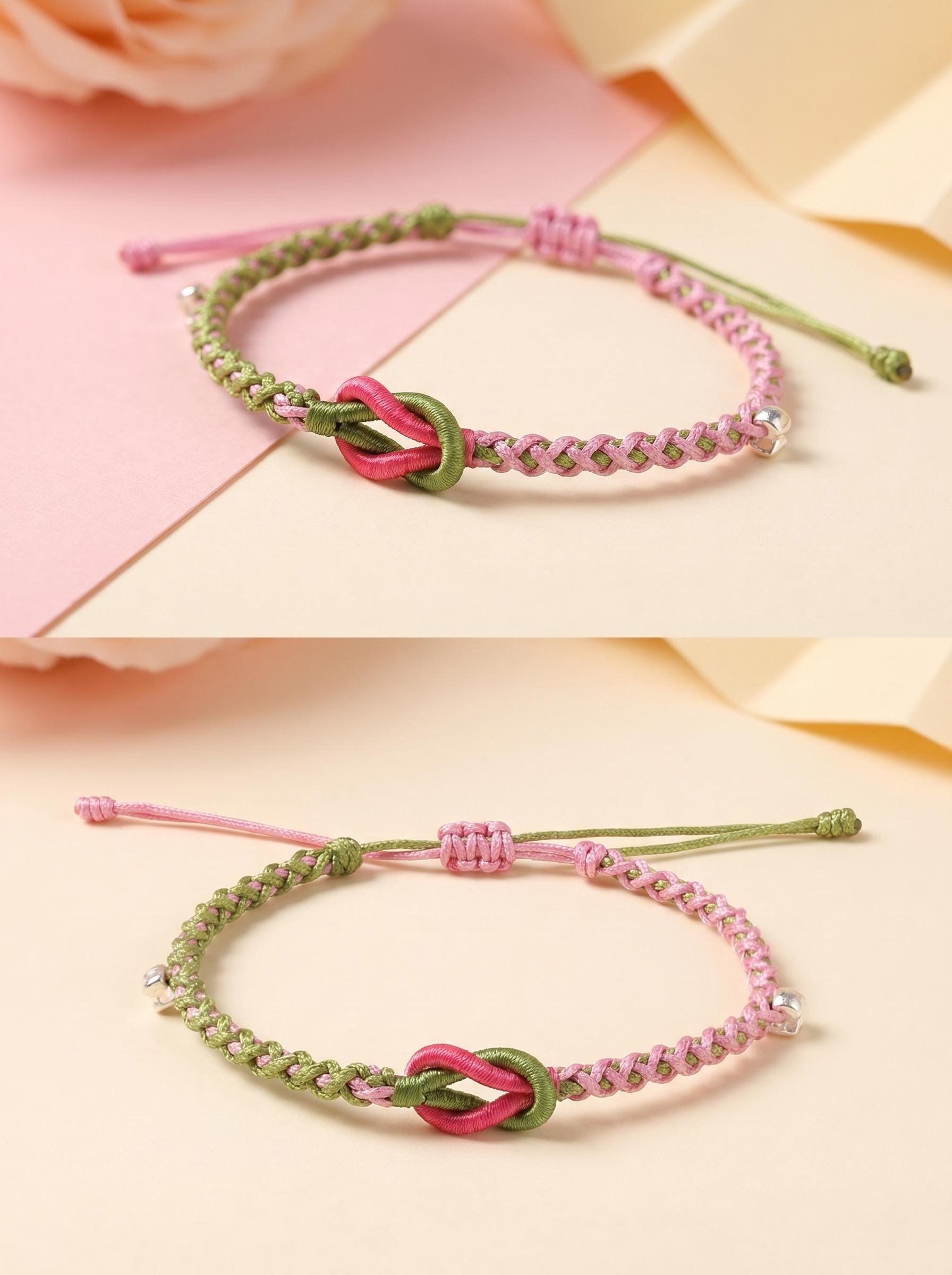 ORIENTAL VIBE | "Balanced Spring" Handcrafted Dragon Scale Braided Bracelet, Featuring Pink & Green Interwoven Button Knot, Adjustable