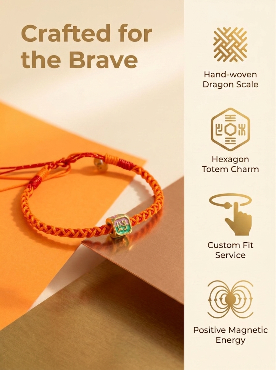 ORIENTAL VIBE | Slight Heat Handcrafted Dragon Scale Bracelet Inlaid with Hexahedron Ornament, Translucent Amber Tail Beads, Adjustable