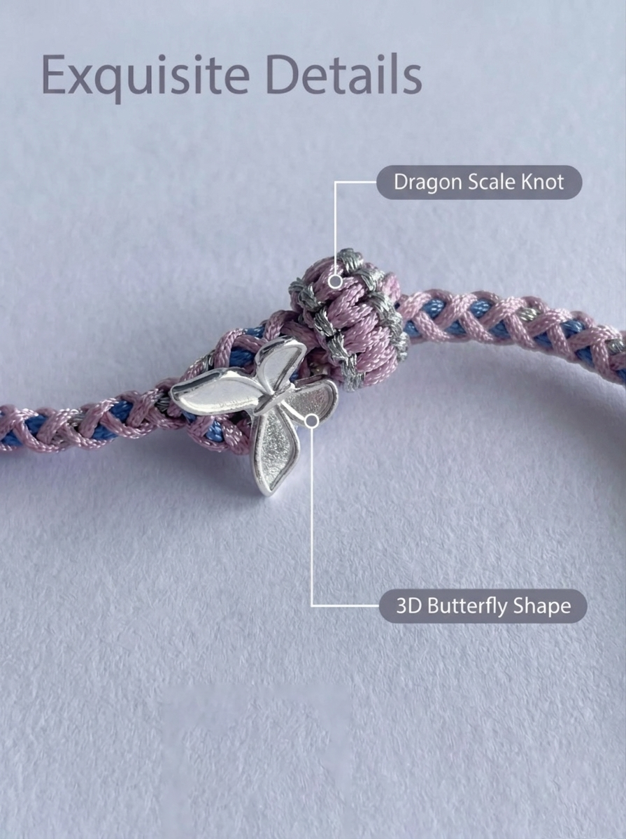 ORIENTAL VIBE | Cold Dew Handcrafted Dragon Scale Bracelet with Silver Metamorphosis Butterfly & Chilled Silver Rings, Layered Braided Buckle Details, Adjustable