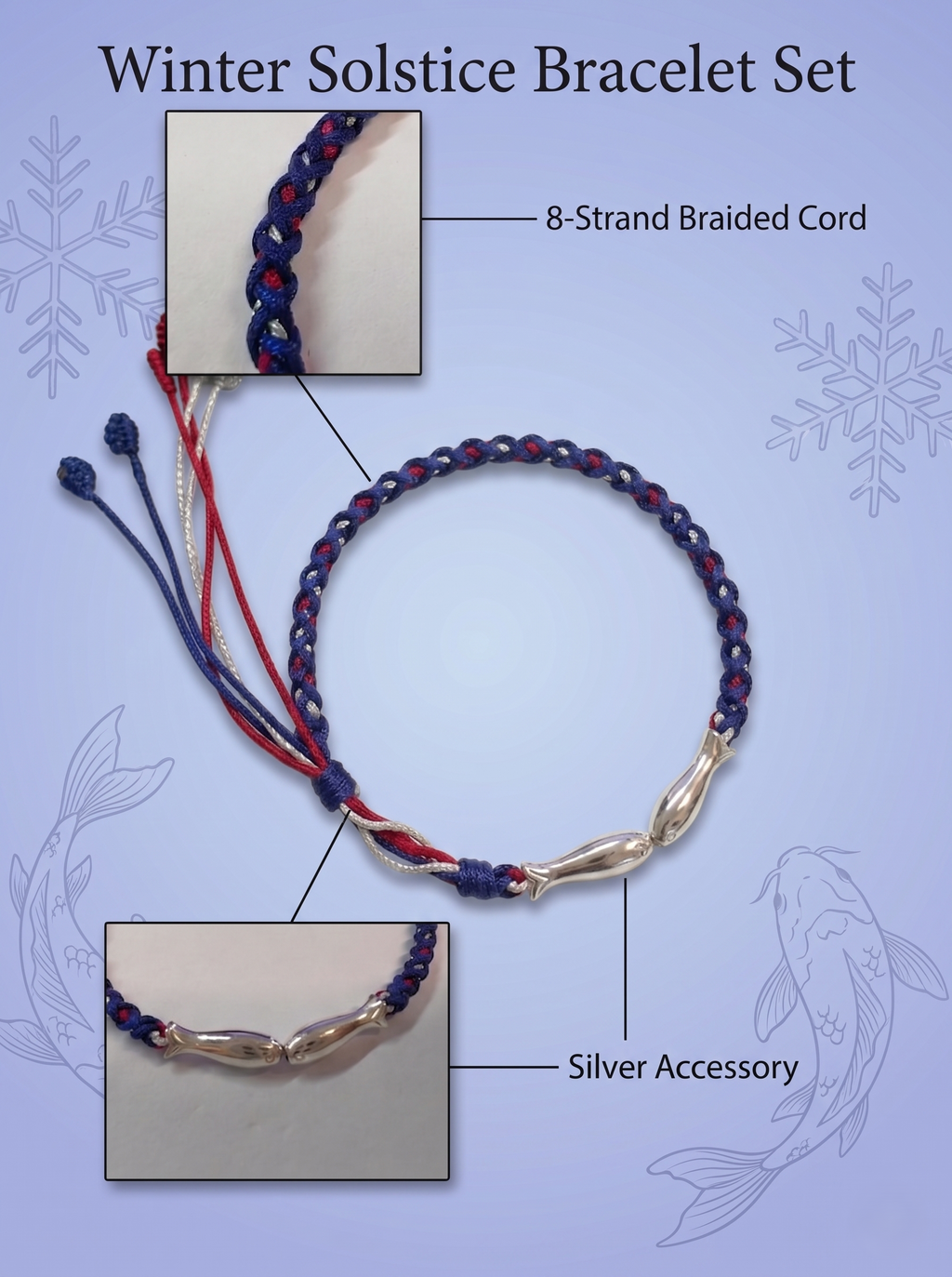 ORIENTAL VIBE | Winter Solstice Handcrafted Dragon Scale Bracelet with Two Lively Silver-Toned Fish Charms, Highly Inclusive Multi-Color Adjustable Drawstring