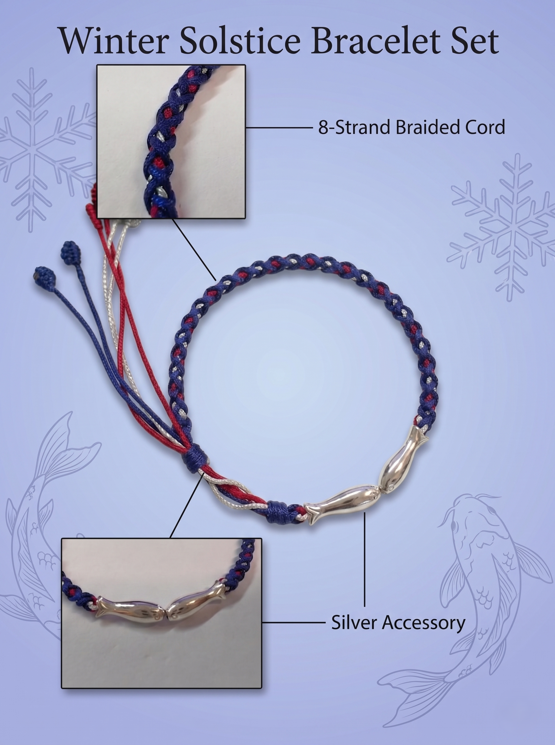 ORIENTAL VIBE | Winter Solstice Handcrafted Dragon Scale Bracelet with Two Lively Silver-Toned Fish Charms, Highly Inclusive Multi-Color Adjustable Drawstring